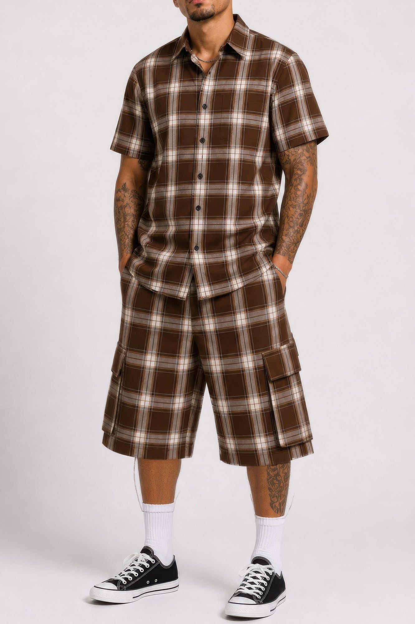 Men's Checkered Shirt And Cargo Shorts Set