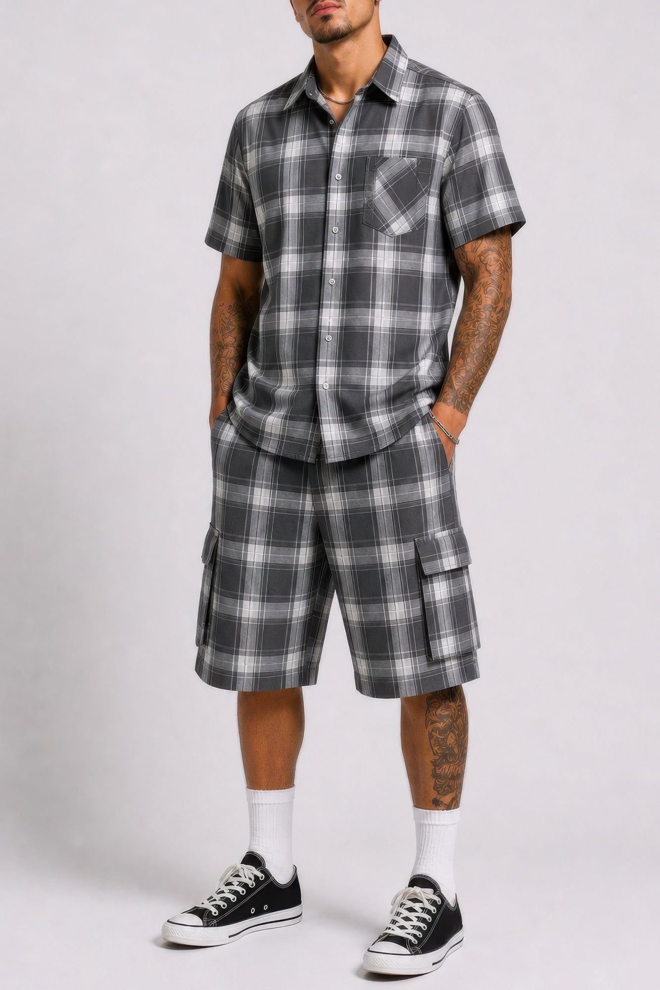 Men's Checkered Shirt And Cargo Shorts Set