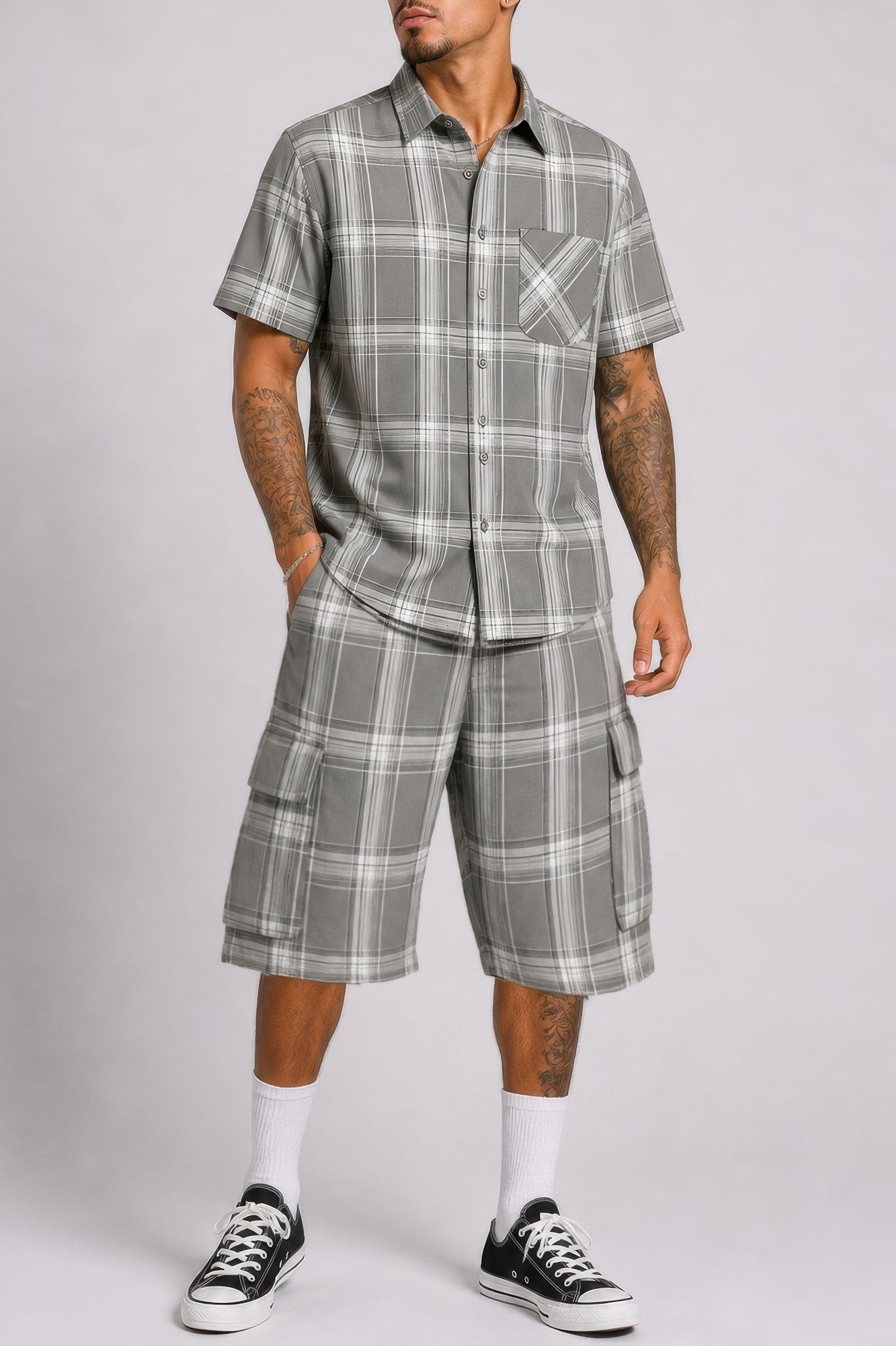 Men's Checkered Shirt And Cargo Shorts Set