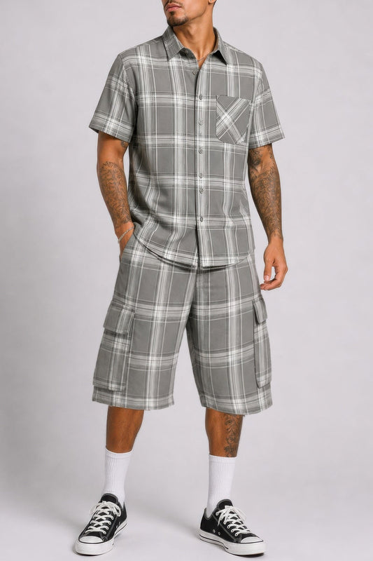 Men's Checkered Shirt And Cargo Shorts Set