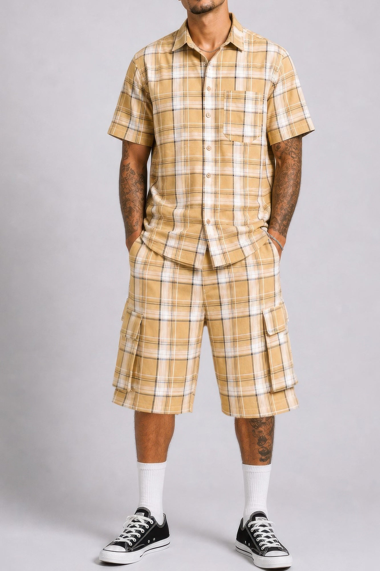 Men's Checkered Shirt And Cargo Shorts Set