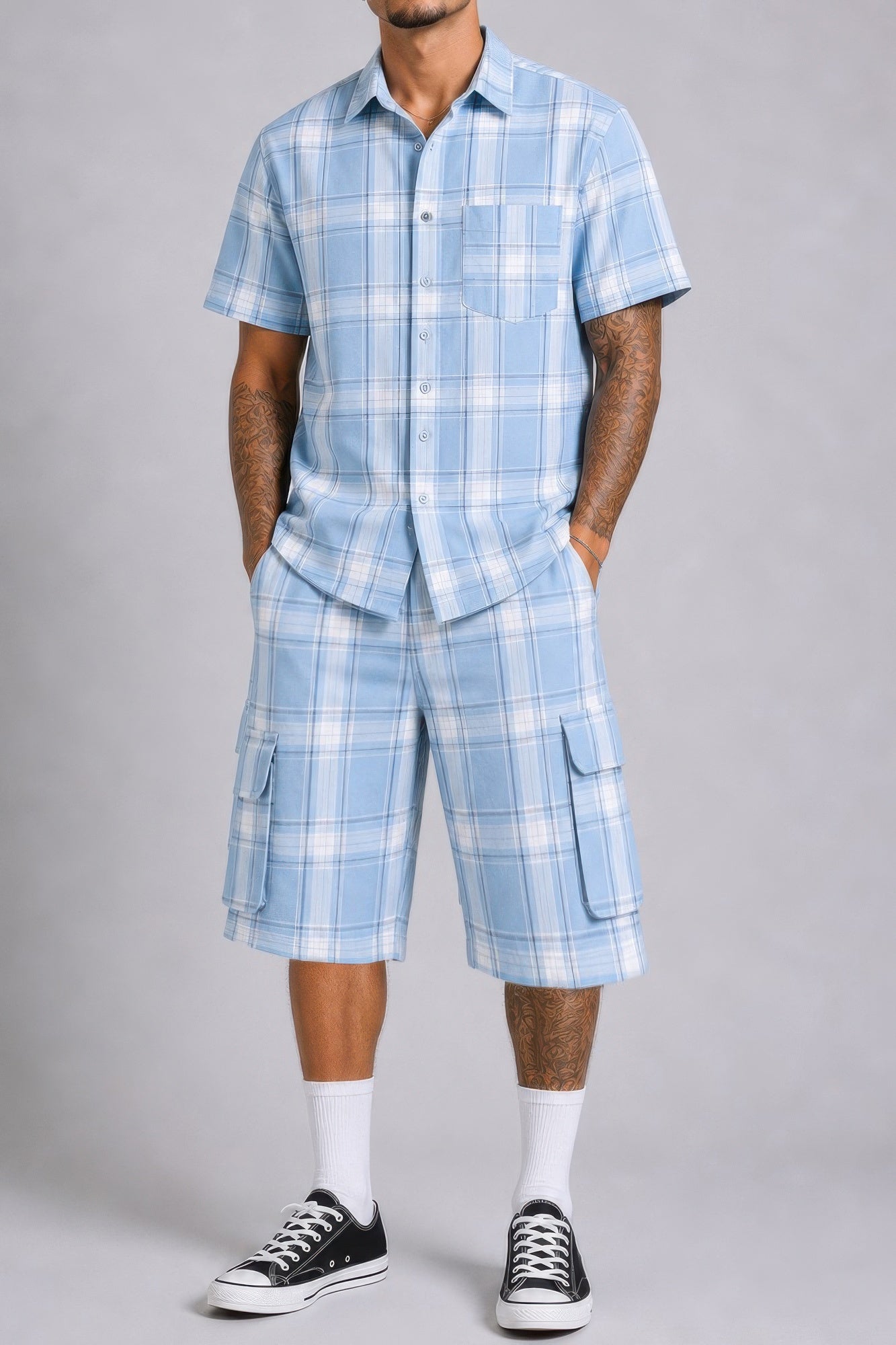 Men's Checkered Shirt And Cargo Shorts Set