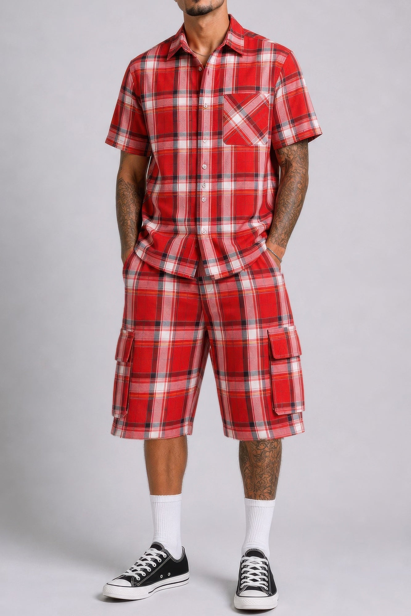 Men's Checkered Shirt And Cargo Shorts Set