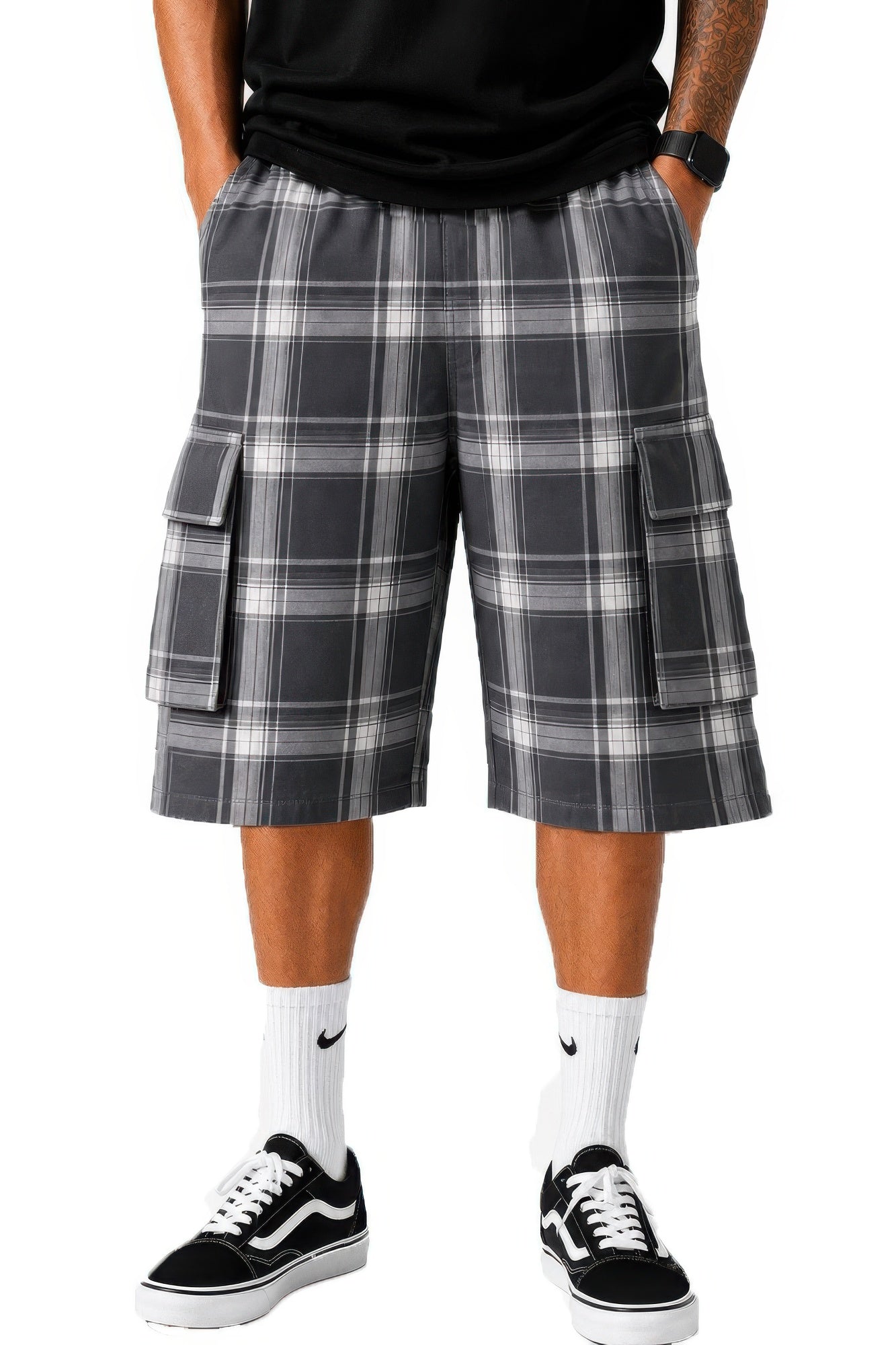 Mens Checkered Baggy Cargo Shorts