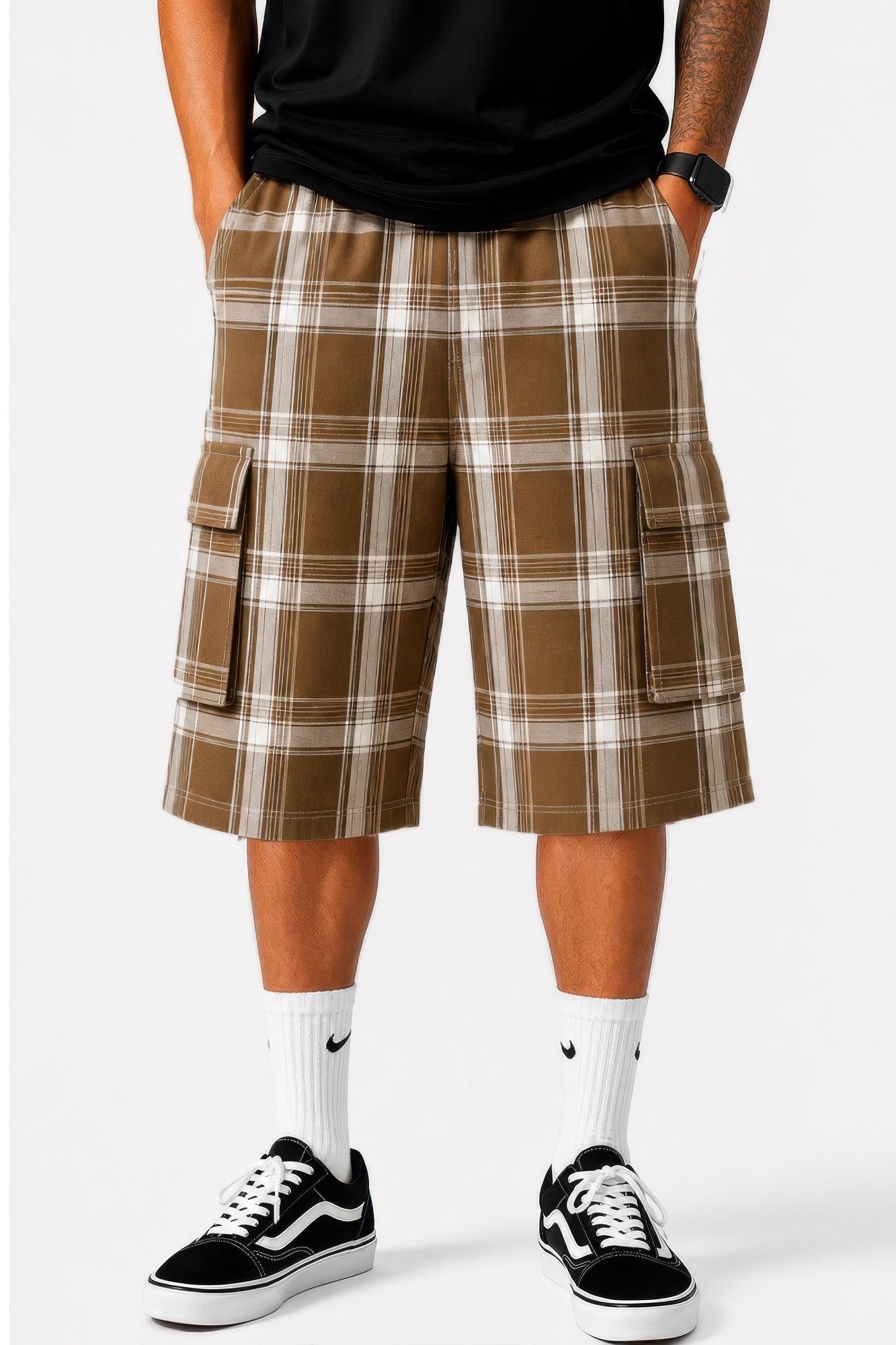 Mens Checkered Baggy Cargo Shorts