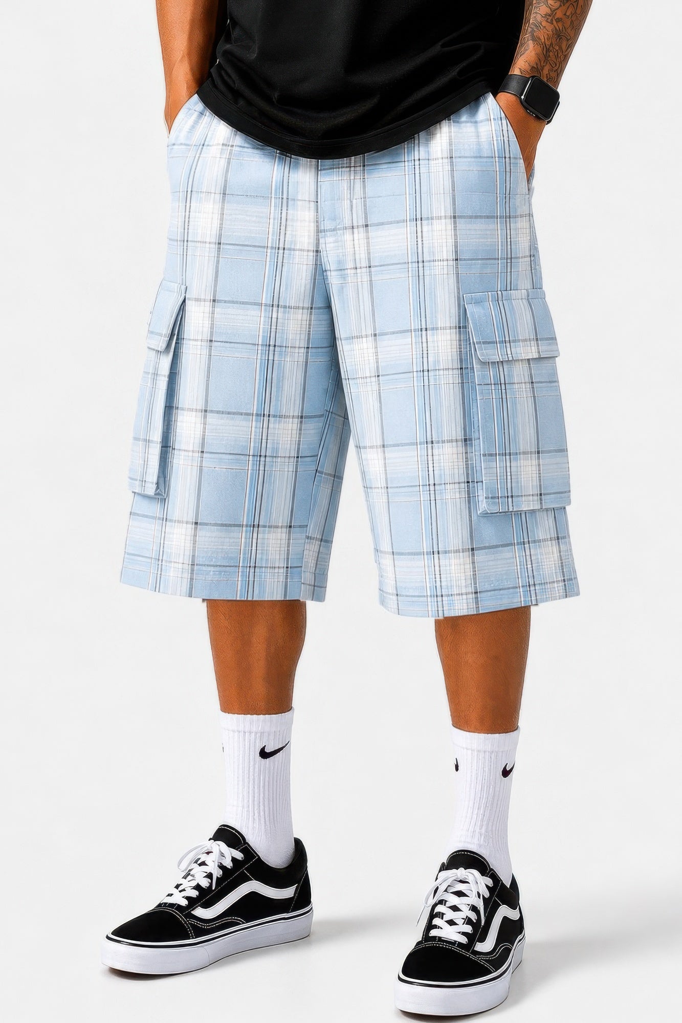 Mens Checkered Baggy Cargo Shorts