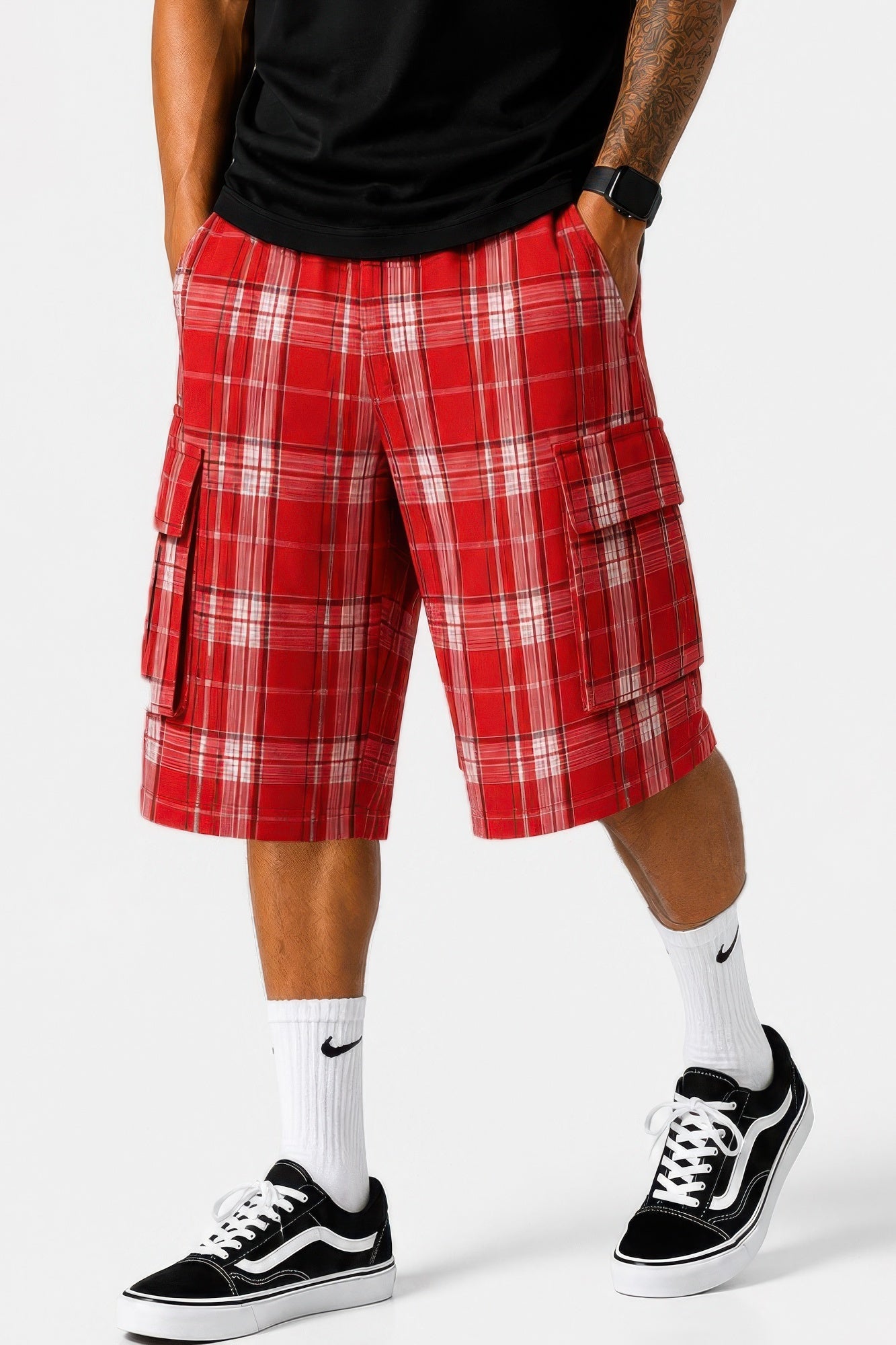 Mens Checkered Baggy Cargo Shorts