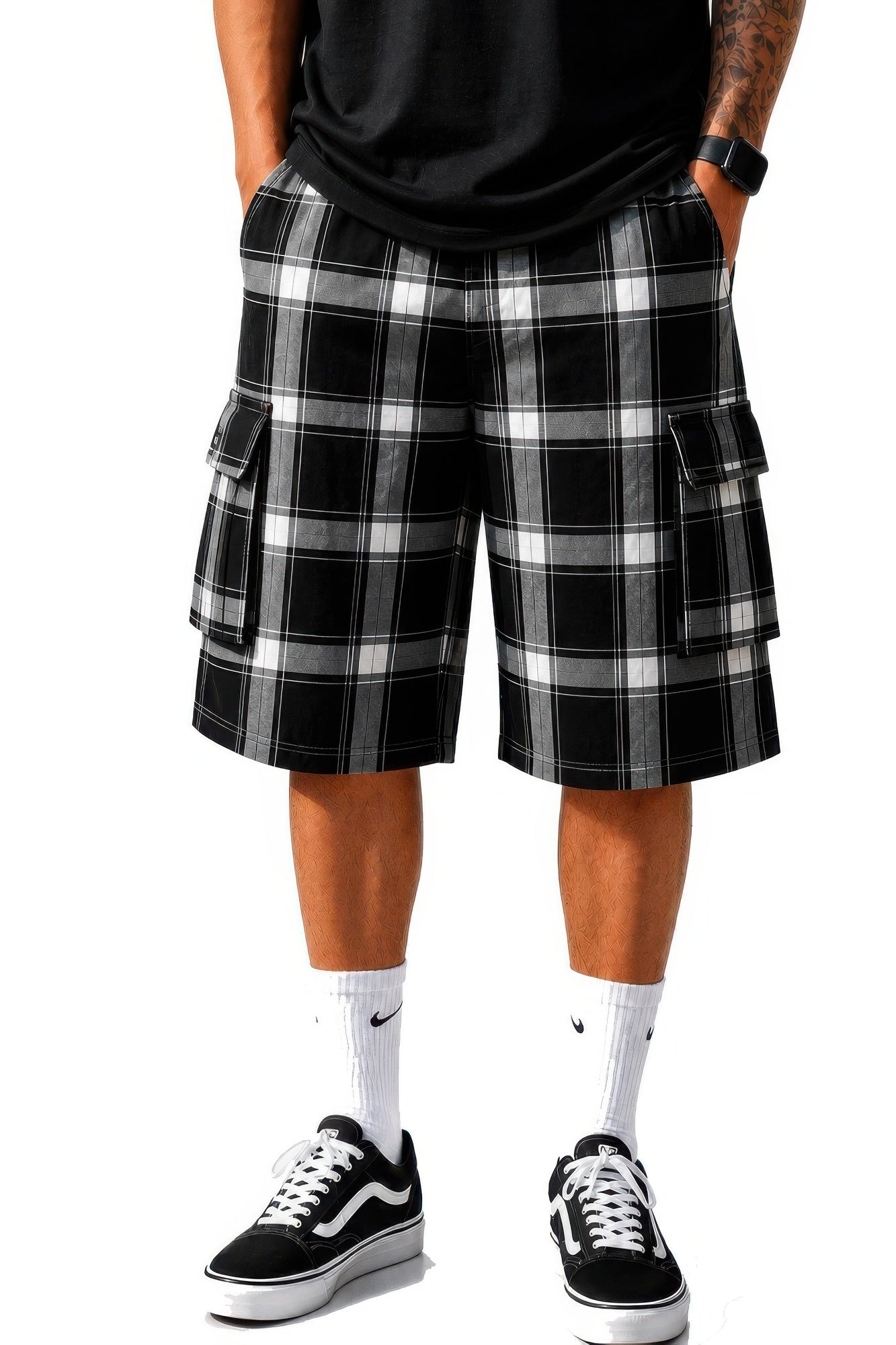 Mens Checkered Baggy Cargo Shorts