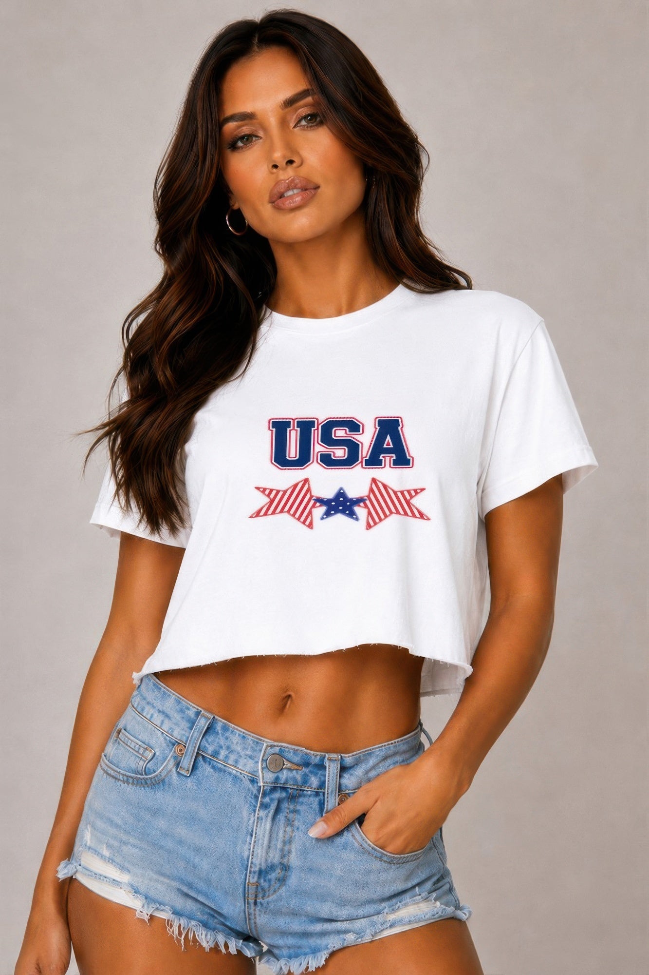 Usa Star Print Cropped Cotton Tshirt