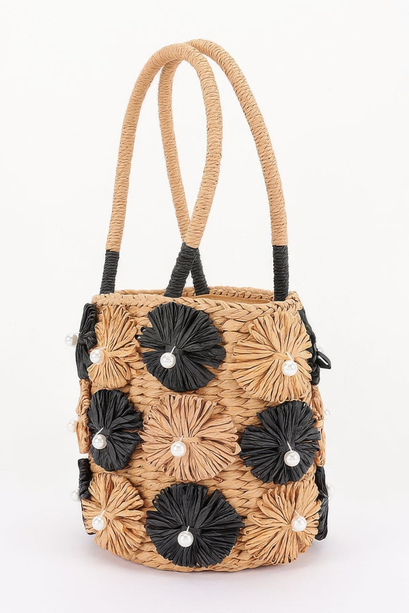 Faux Straw Flower Barrel Clutch Tote
