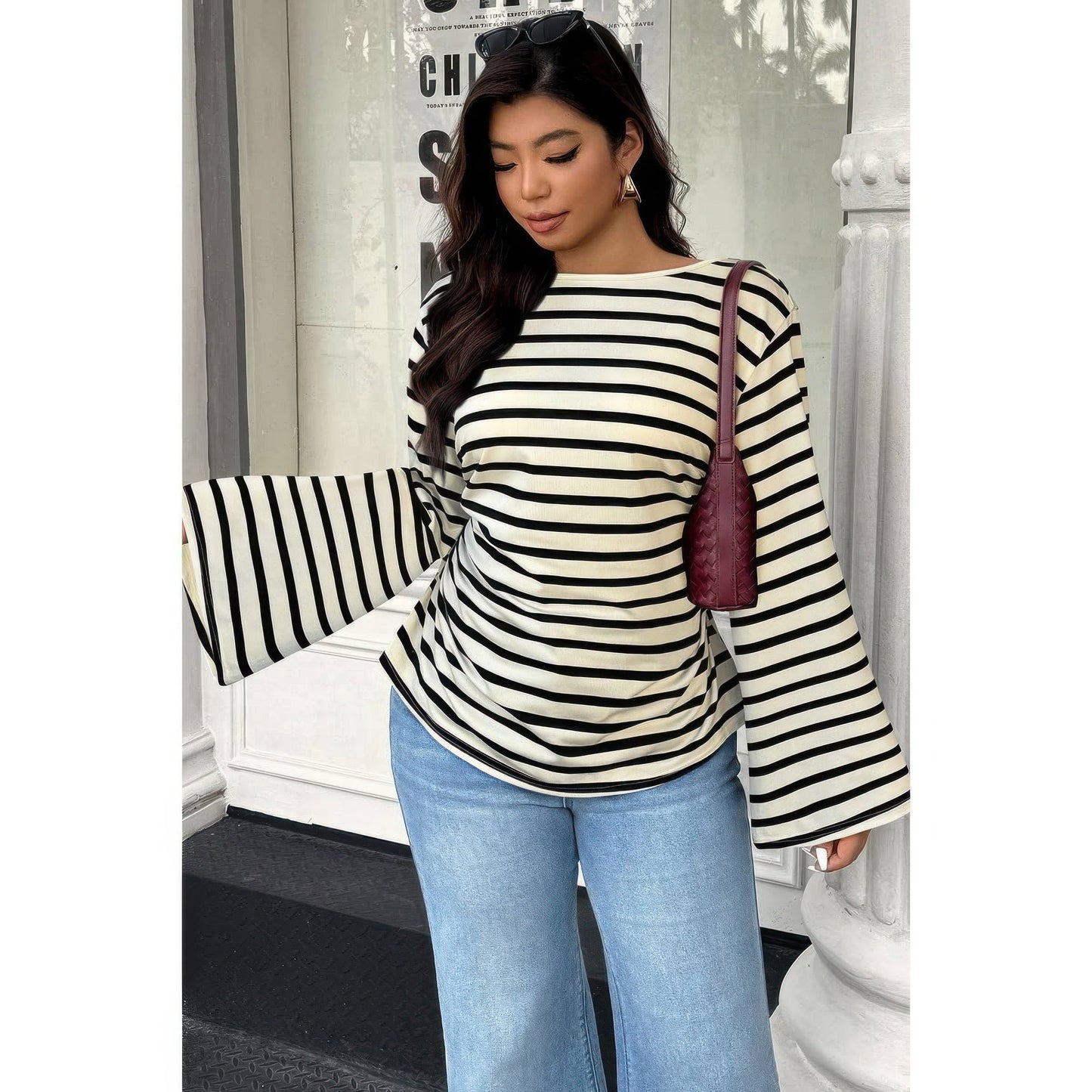 Plus Size Wide Long Sleeves Strip Fit Shirt