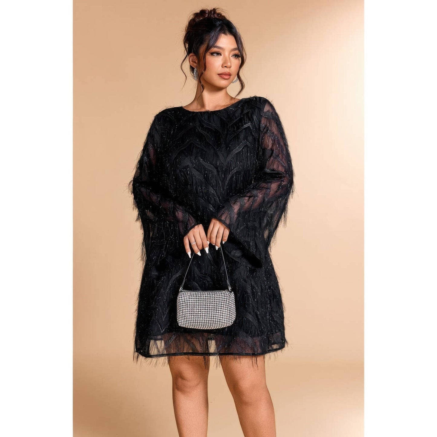 Plus Size Sequin Fringe Lace Short Dress