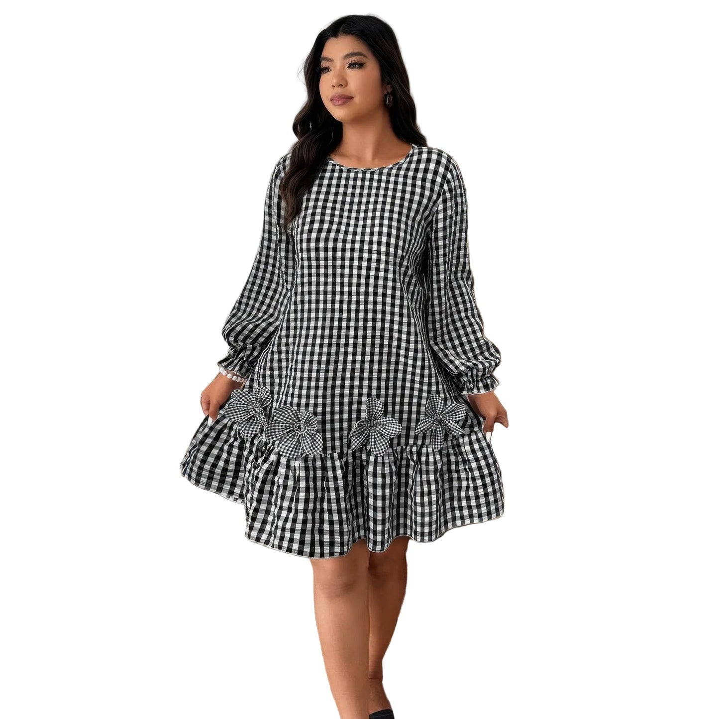 Plus Size Black Plaid Round Neck Long Sleeve Dress