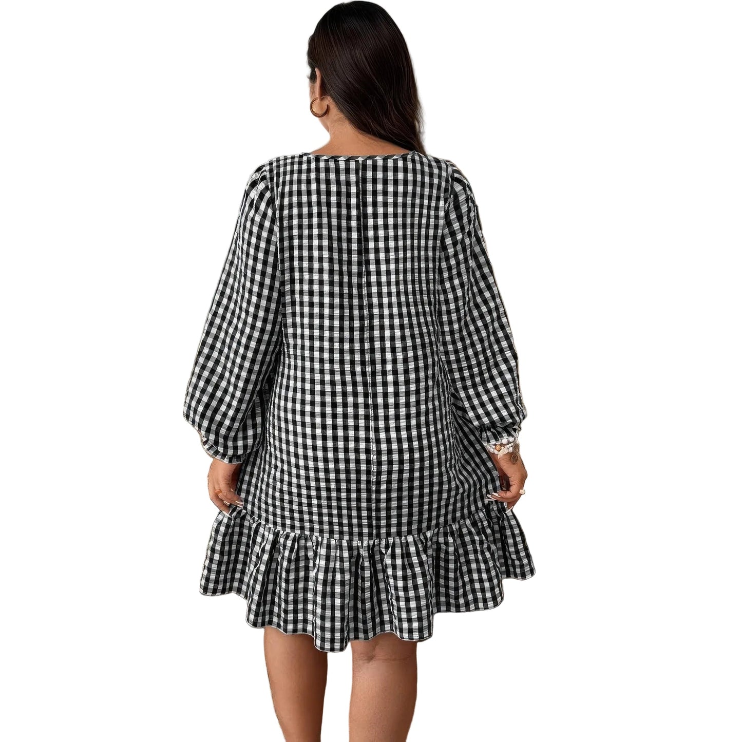 Plus Size Black Plaid Round Neck Long Sleeve Dress