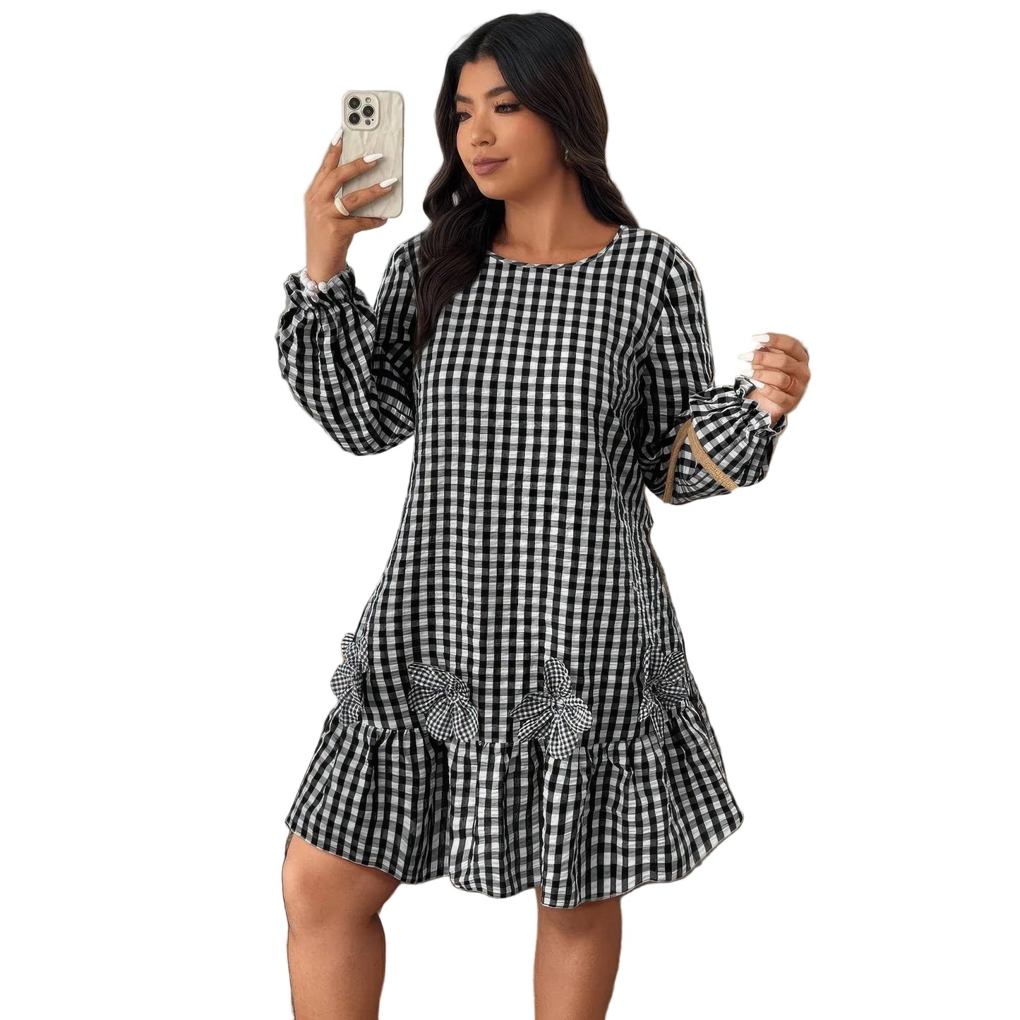 Plus Size Black Plaid Round Neck Long Sleeve Dress