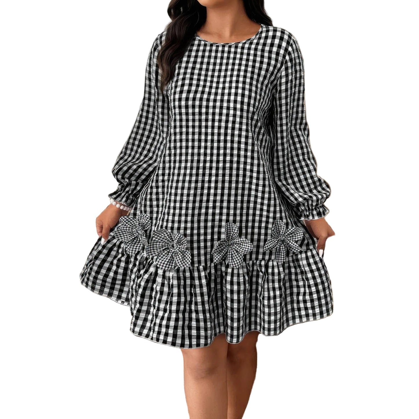 Plus Size Black Plaid Round Neck Long Sleeve Dress