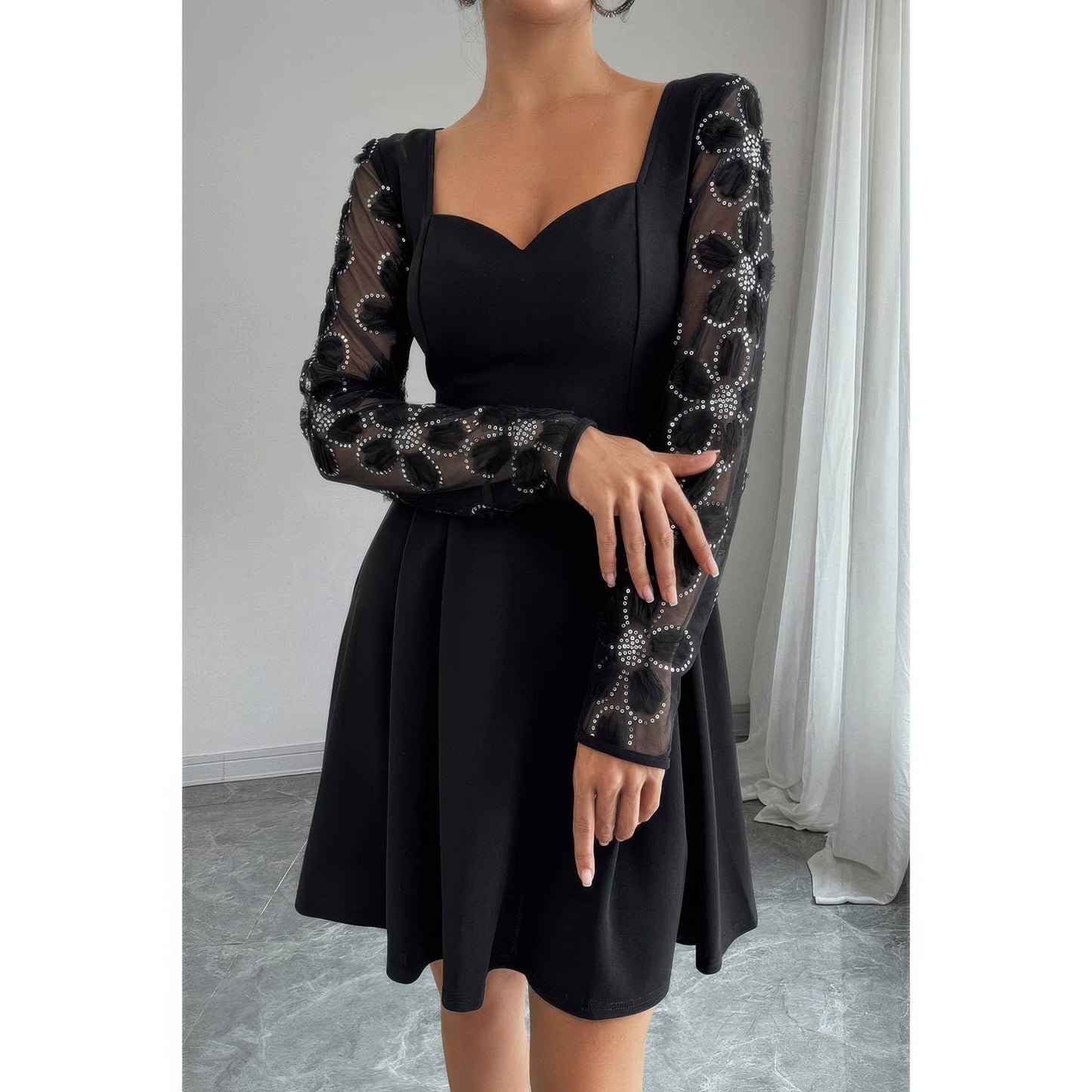 Plus Size Elegant Lace Panels Sequins Dress