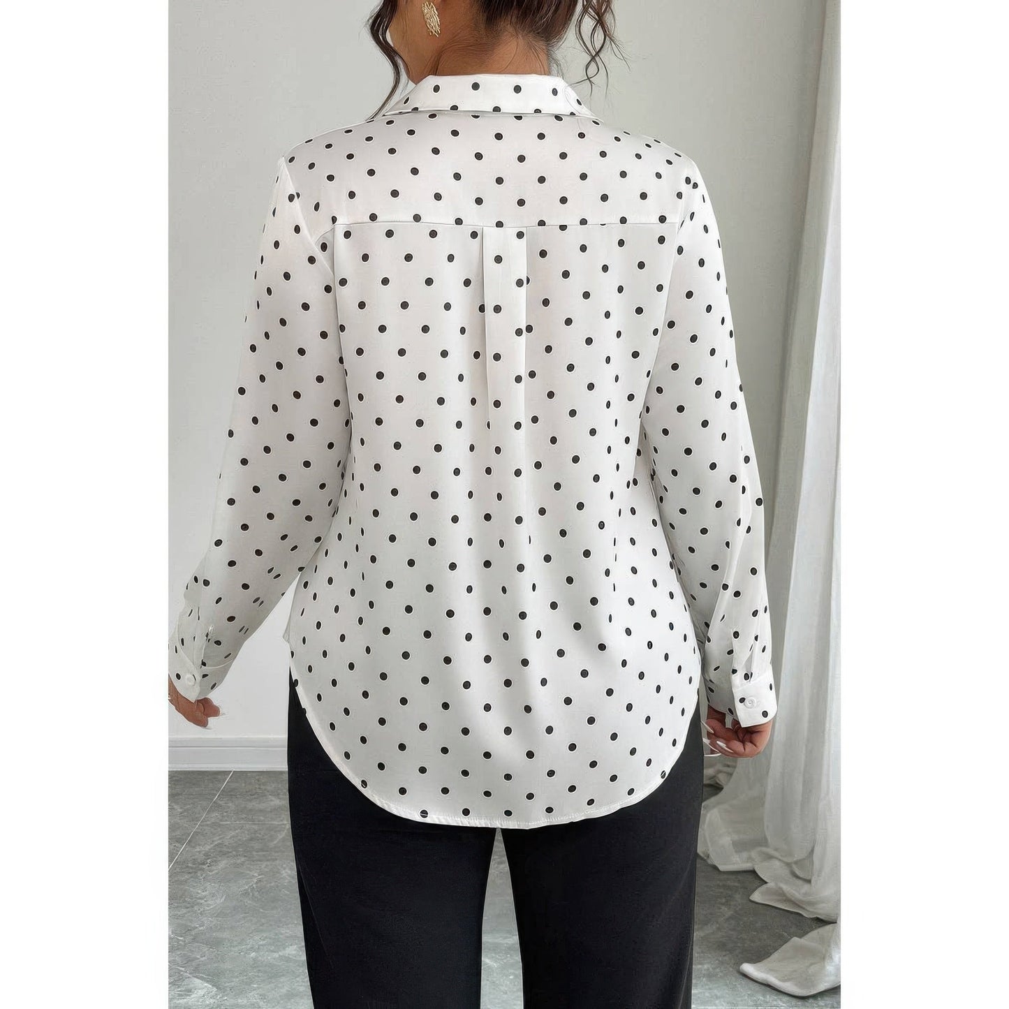 Plus Size Polka Dot Button Up Long Sleeve Shirt