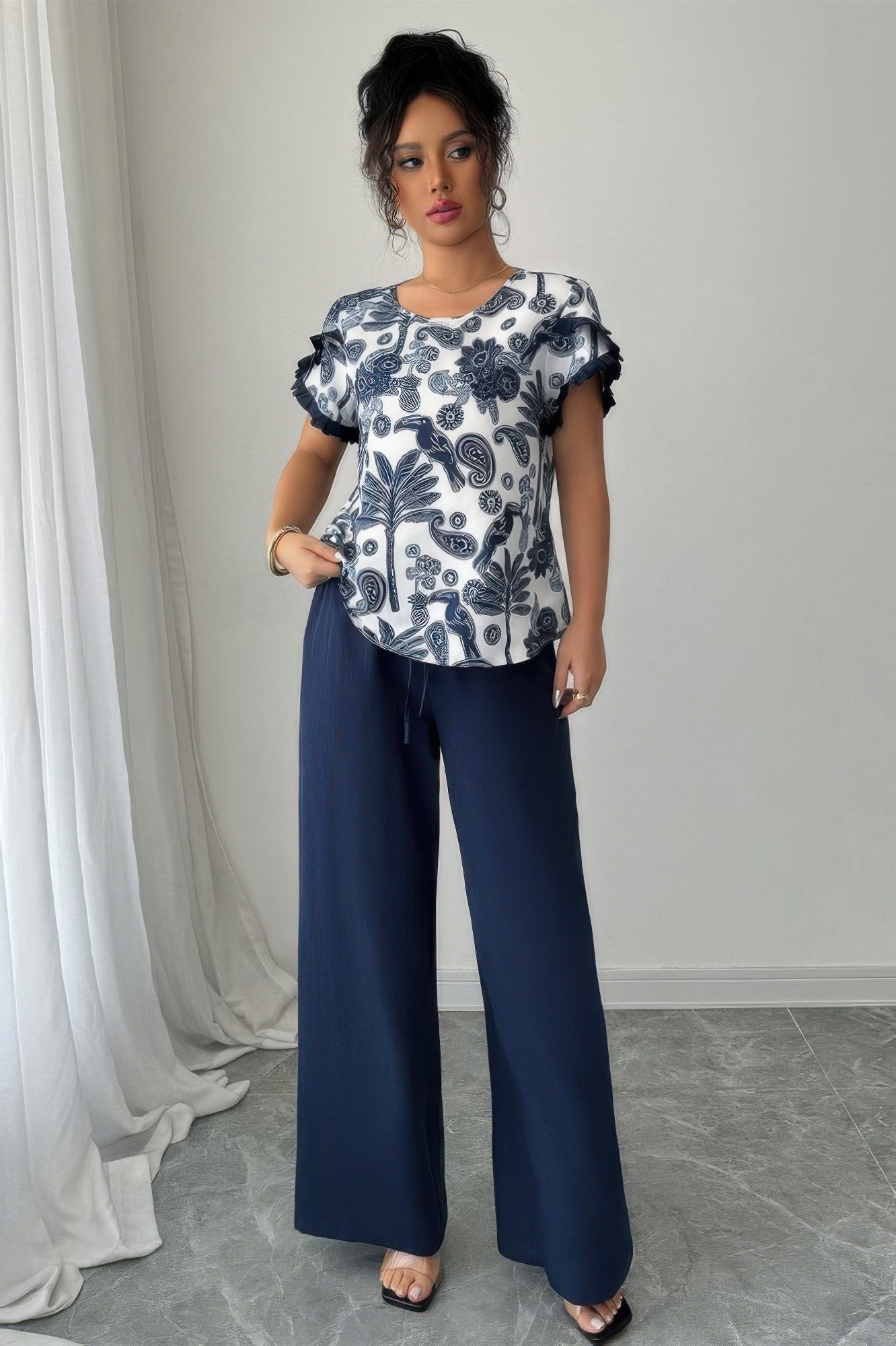 Two Pieces Floral Print Ruffle Hem Sleeve Sets