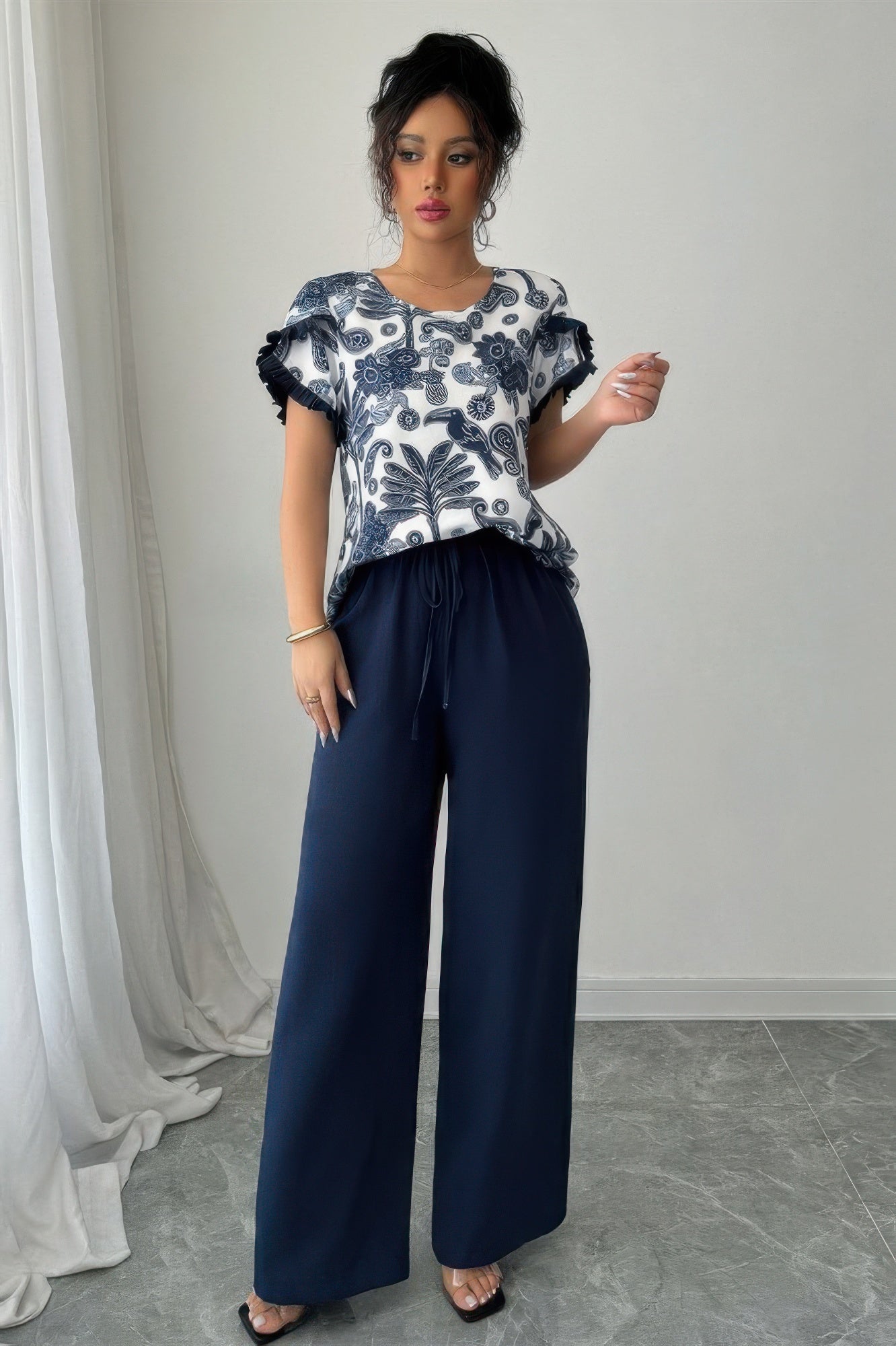 Two Pieces Floral Print Ruffle Hem Sleeve Sets