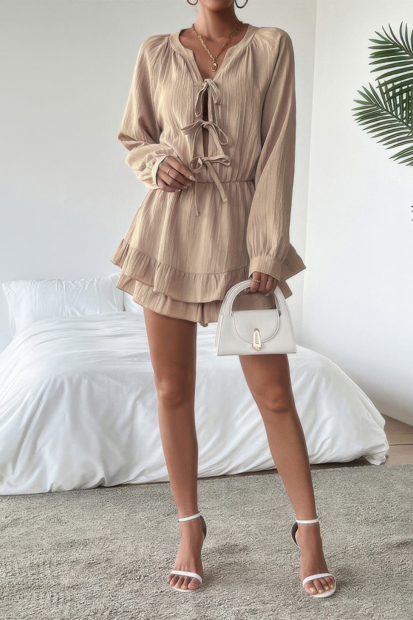 Solid Bowknot Strap Ruffled Hem Layered Dress