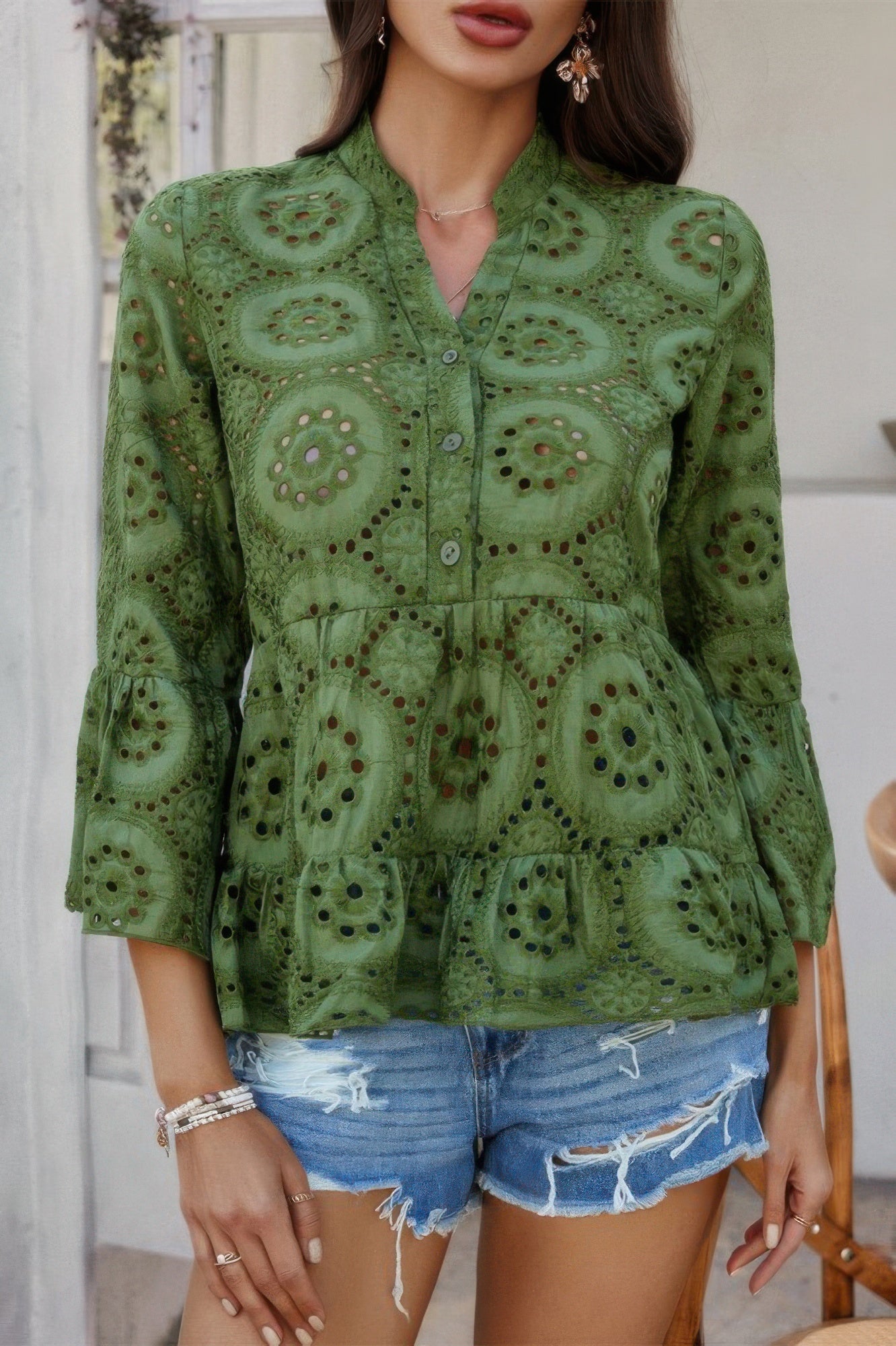 Solid Half Button Flounce Sleeve Peplum Blouse
