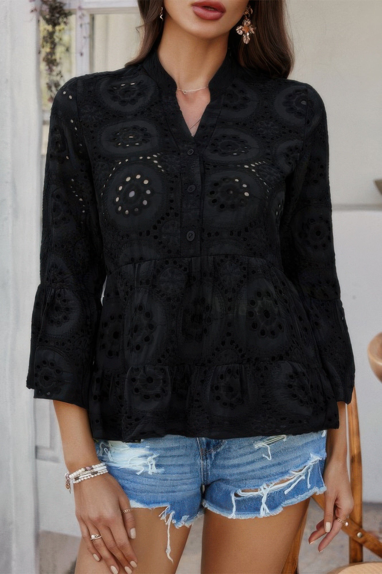 Solid Half Button Flounce Sleeve Peplum Blouse