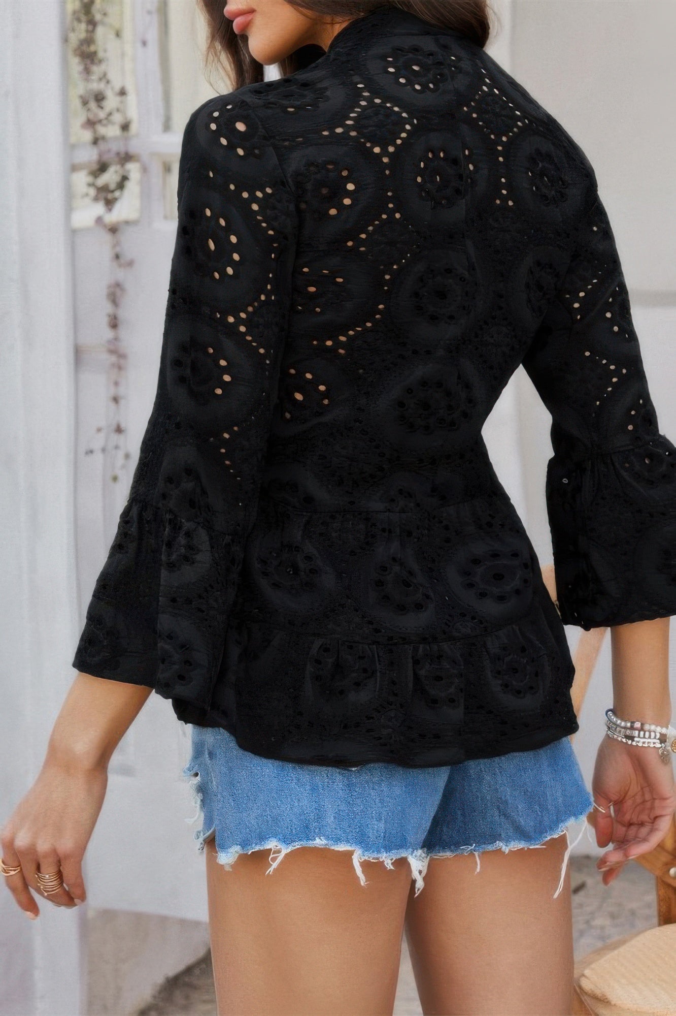 Solid Half Button Flounce Sleeve Peplum Blouse