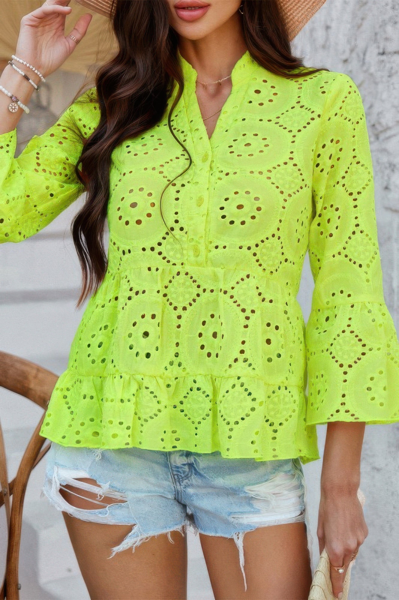 Solid Half Button Flounce Sleeve Peplum Blouse