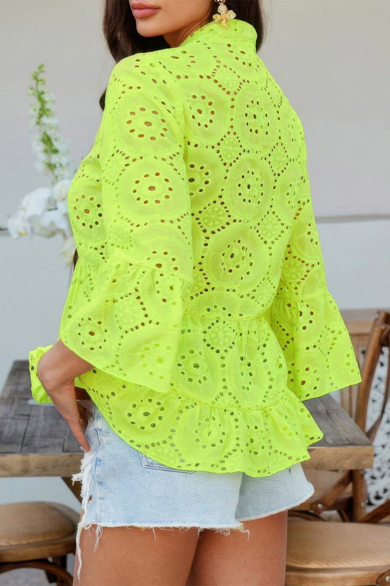 Solid Half Button Flounce Sleeve Peplum Blouse