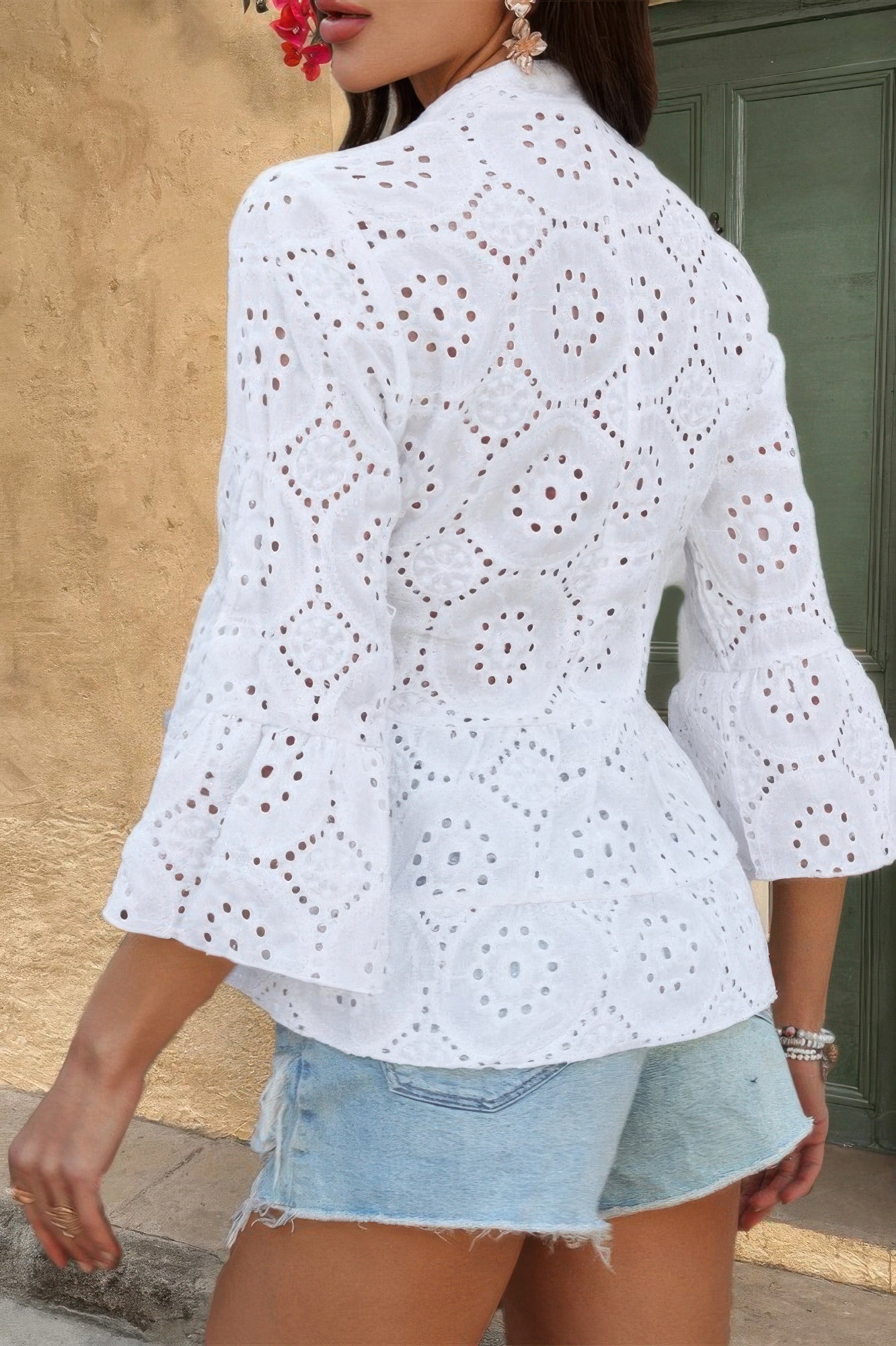 Solid Half Button Flounce Sleeve Peplum Blouse
