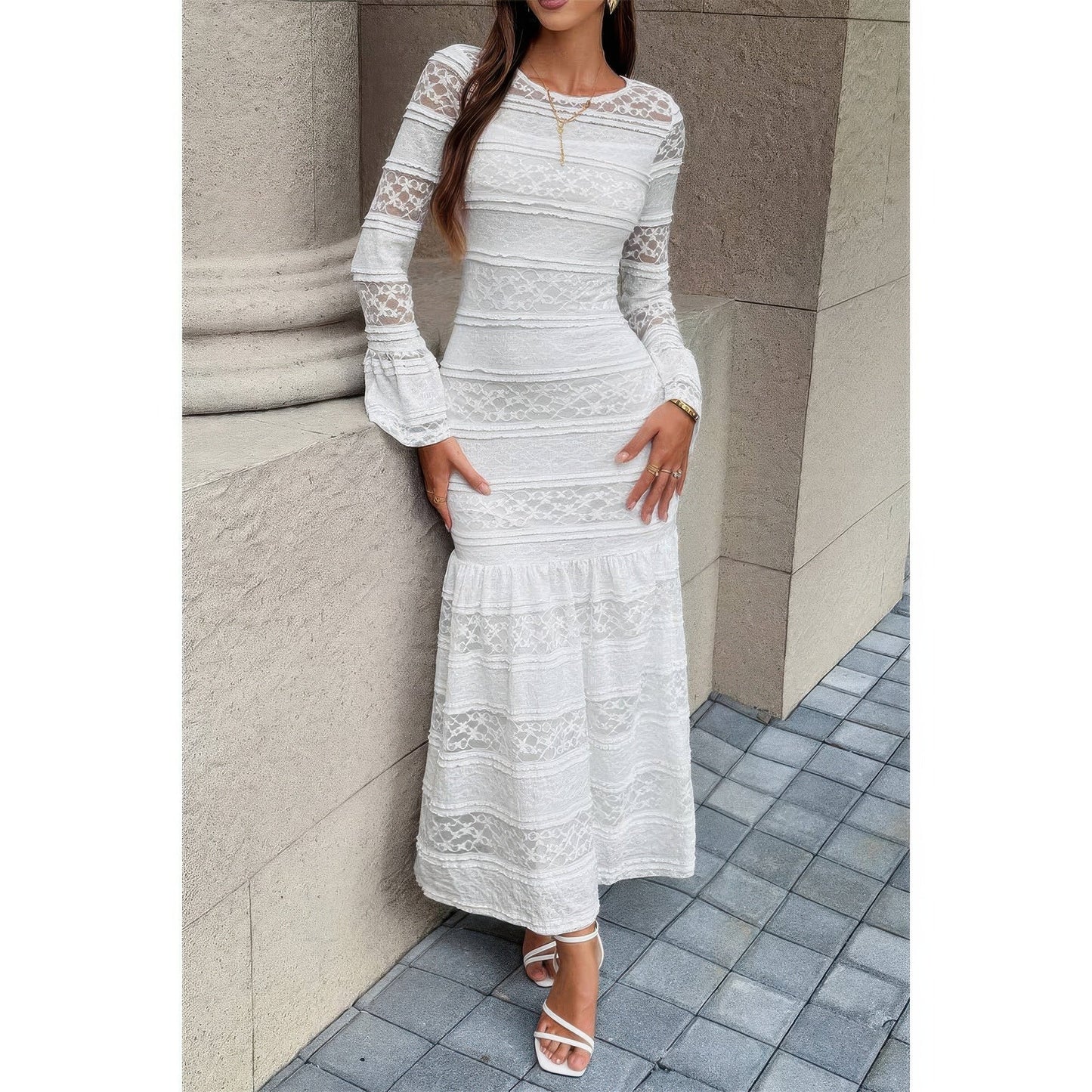 Lace Mermaid Round Neck Solid Maxi Dress