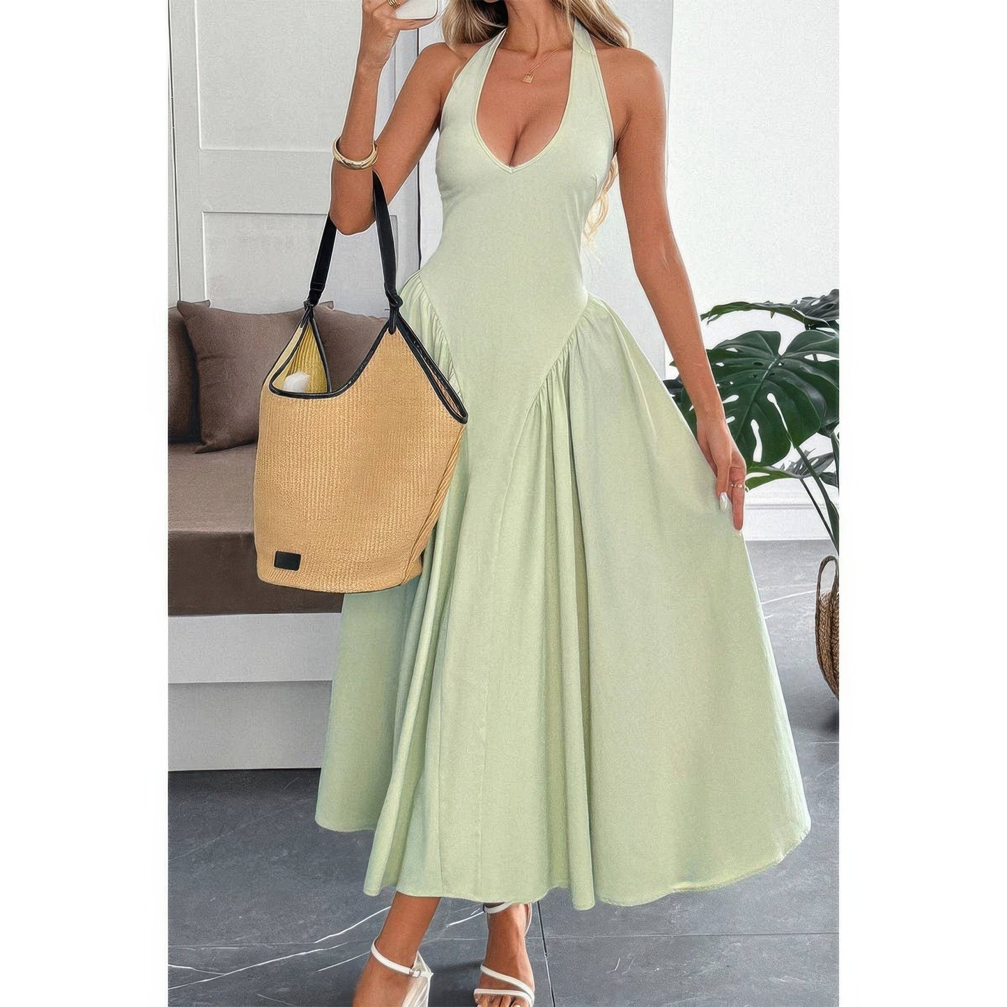 Solid Halter Hide Back Zipper Midi Sundress