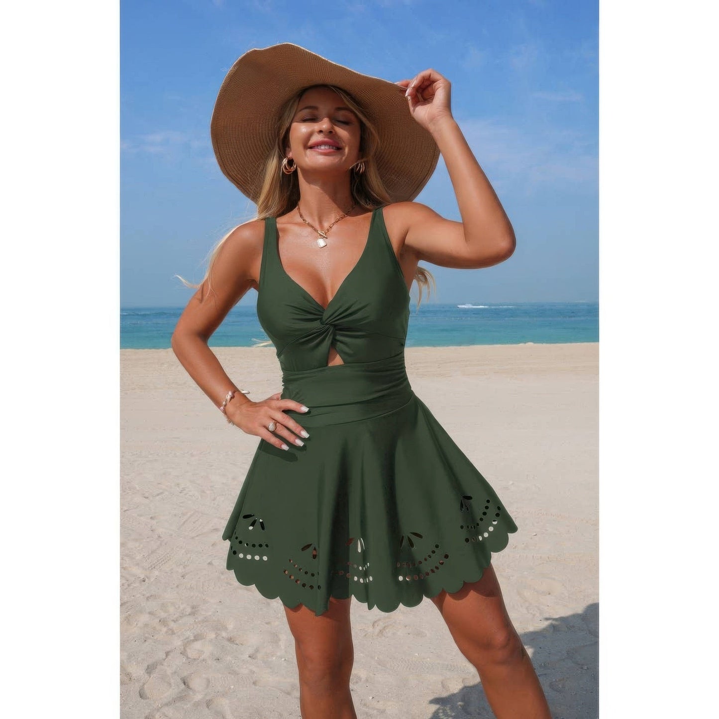 Crossover V Neck Hollow Out Stretch Swimsuit