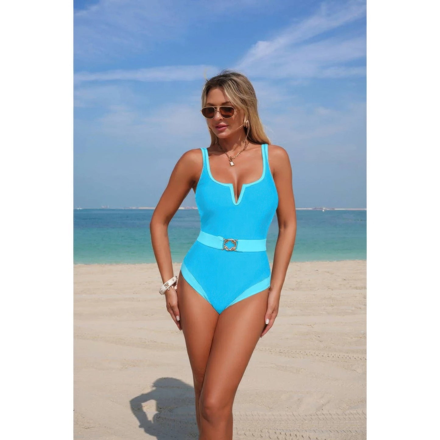 One Piece Color Block Metal Buckle Belt Swimsuit