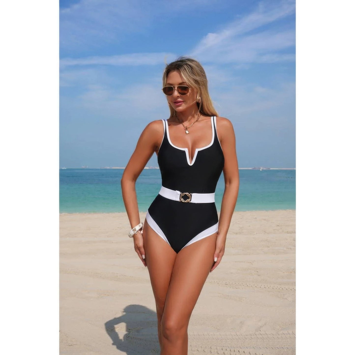 One Piece Color Block Metal Buckle Belt Swimsuit
