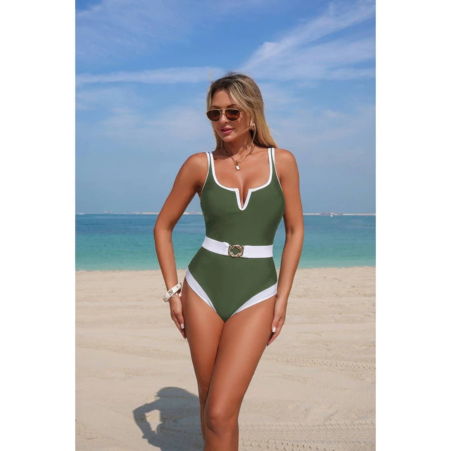 One Piece Color Block Metal Buckle Belt Swimsuit