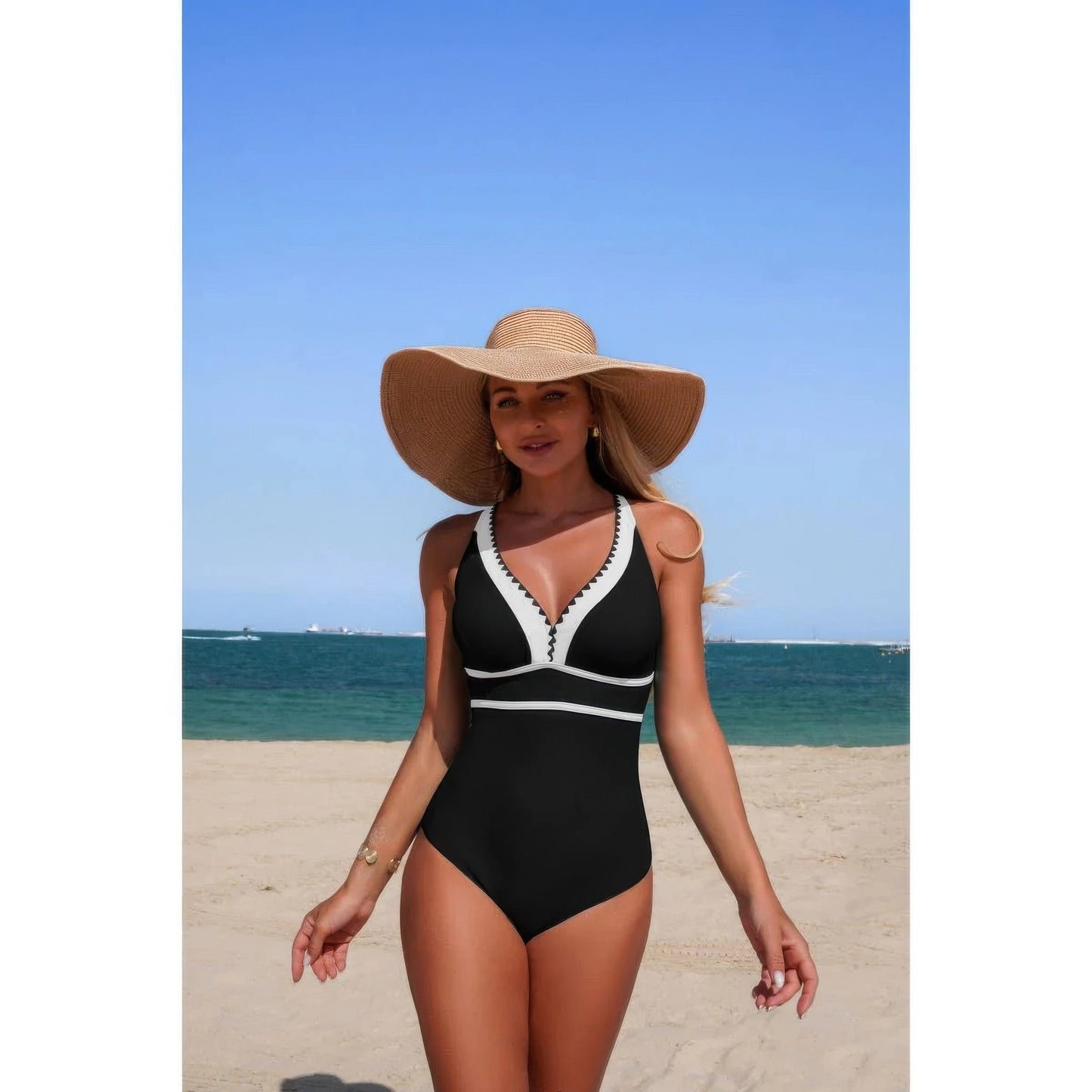 One Piece Color Block V Neck Stretch Swimsuit