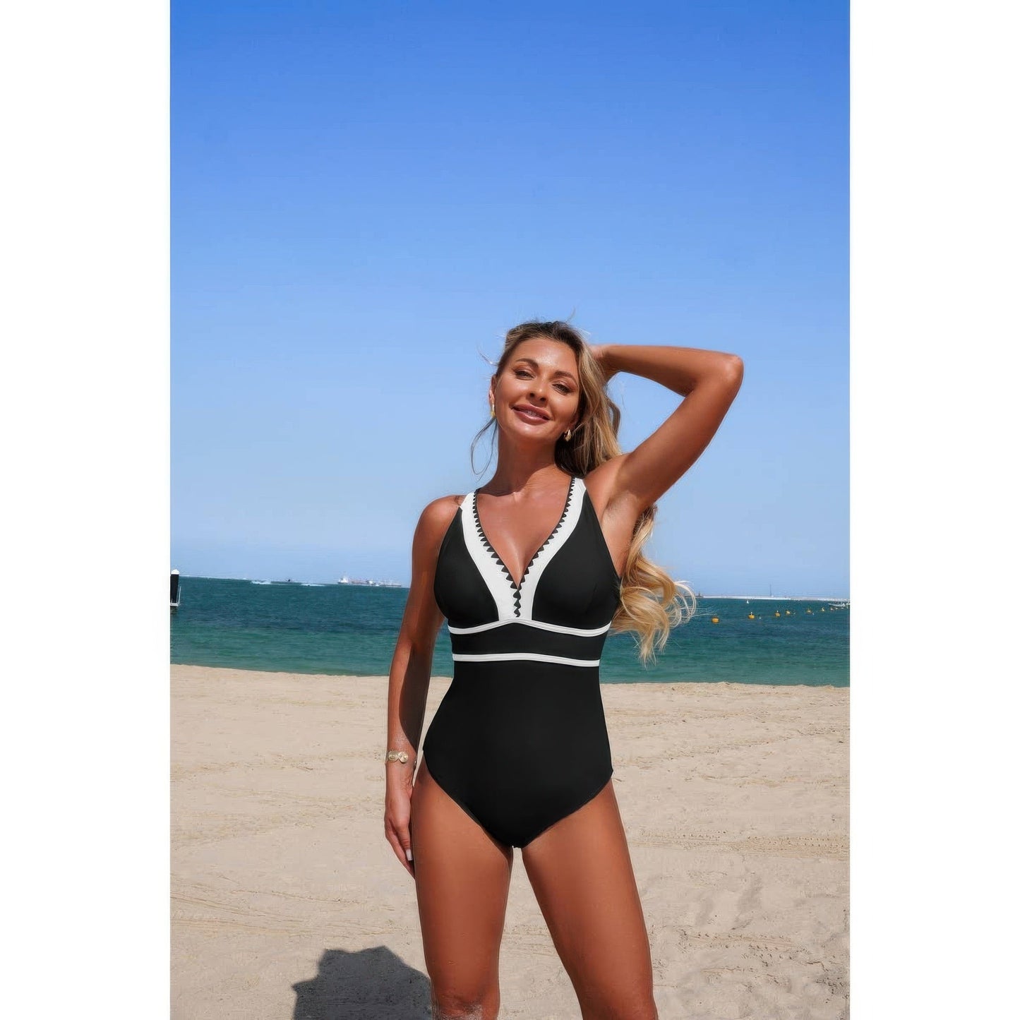 One Piece Color Block V Neck Stretch Swimsuit