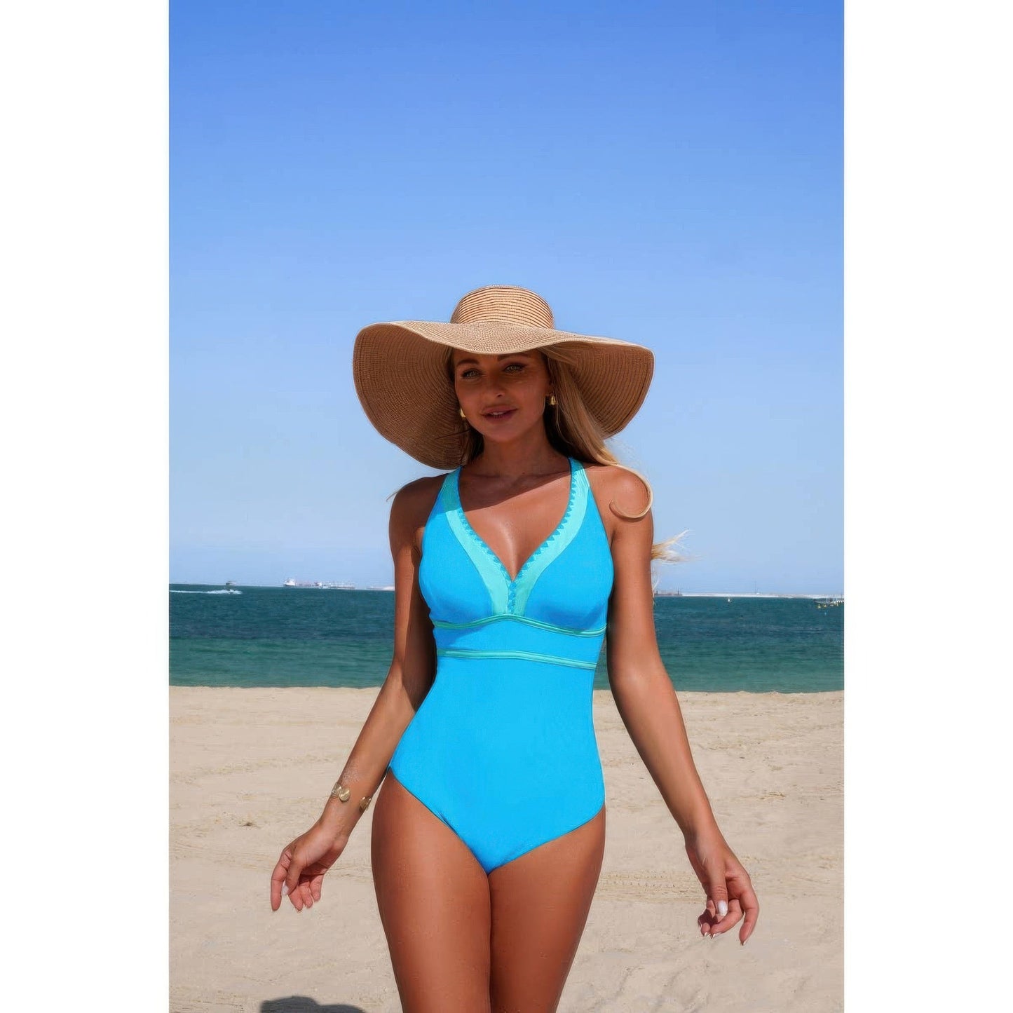 One Piece Color Block V Neck Stretch Swimsuit