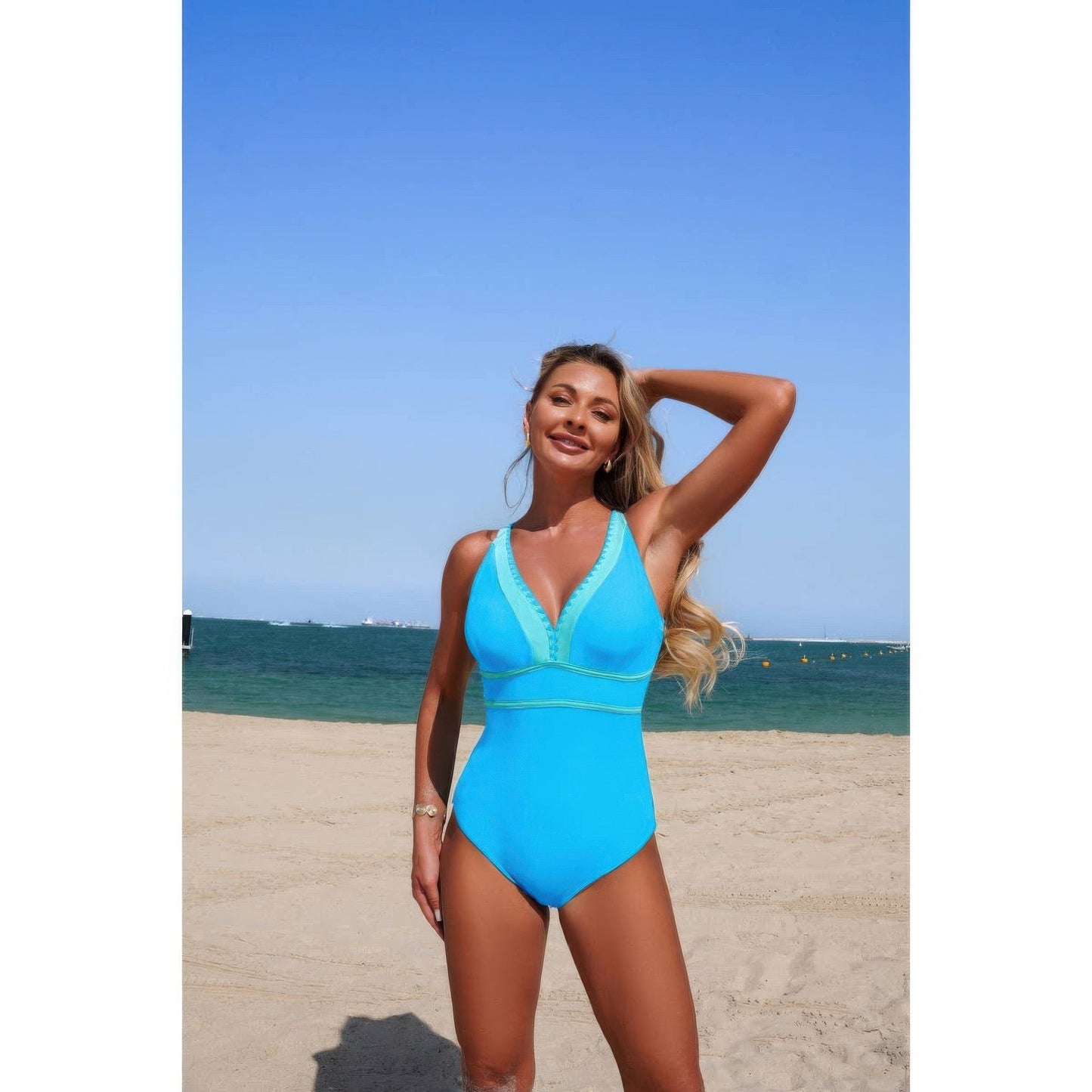 One Piece Color Block V Neck Stretch Swimsuit
