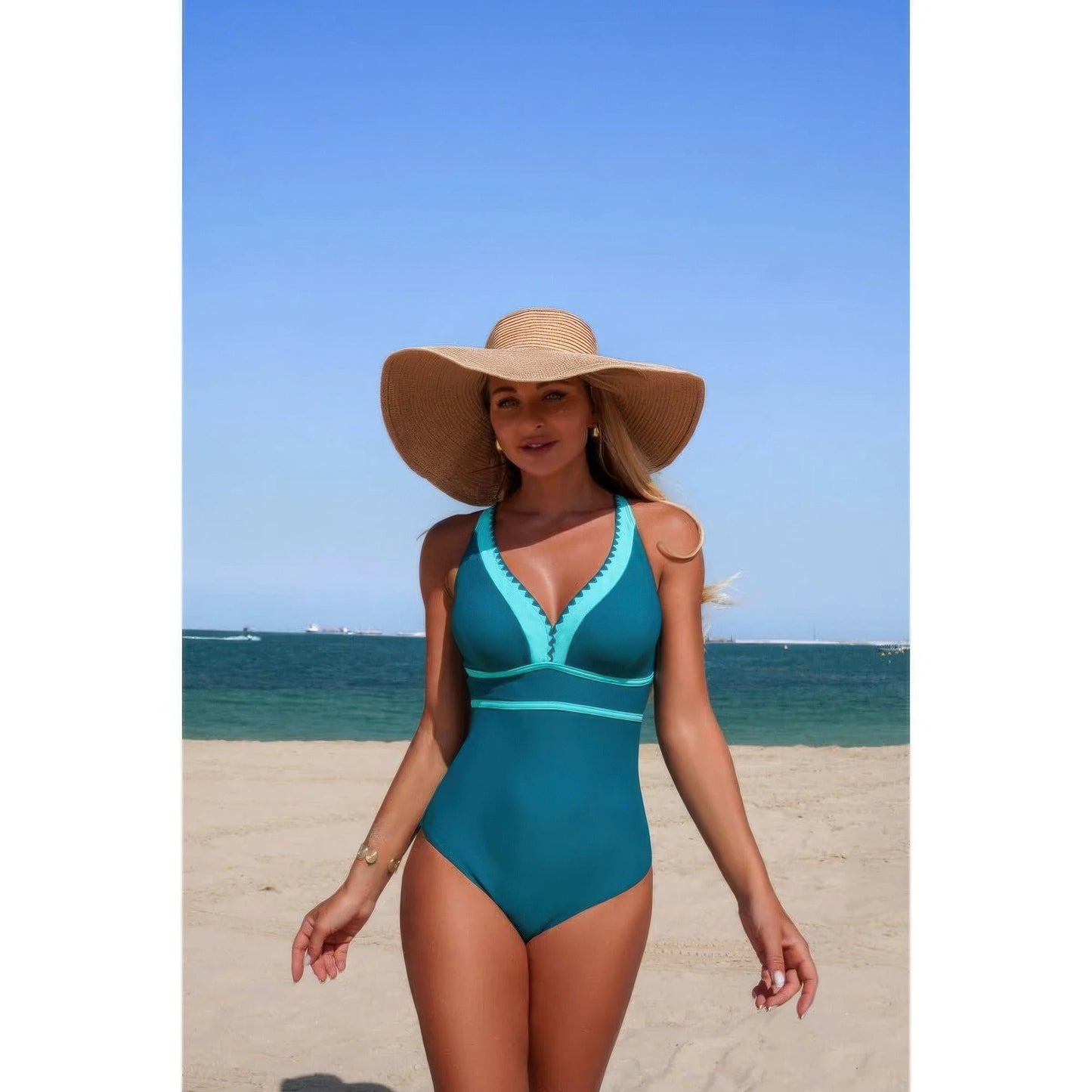 One Piece Color Block V Neck Stretch Swimsuit