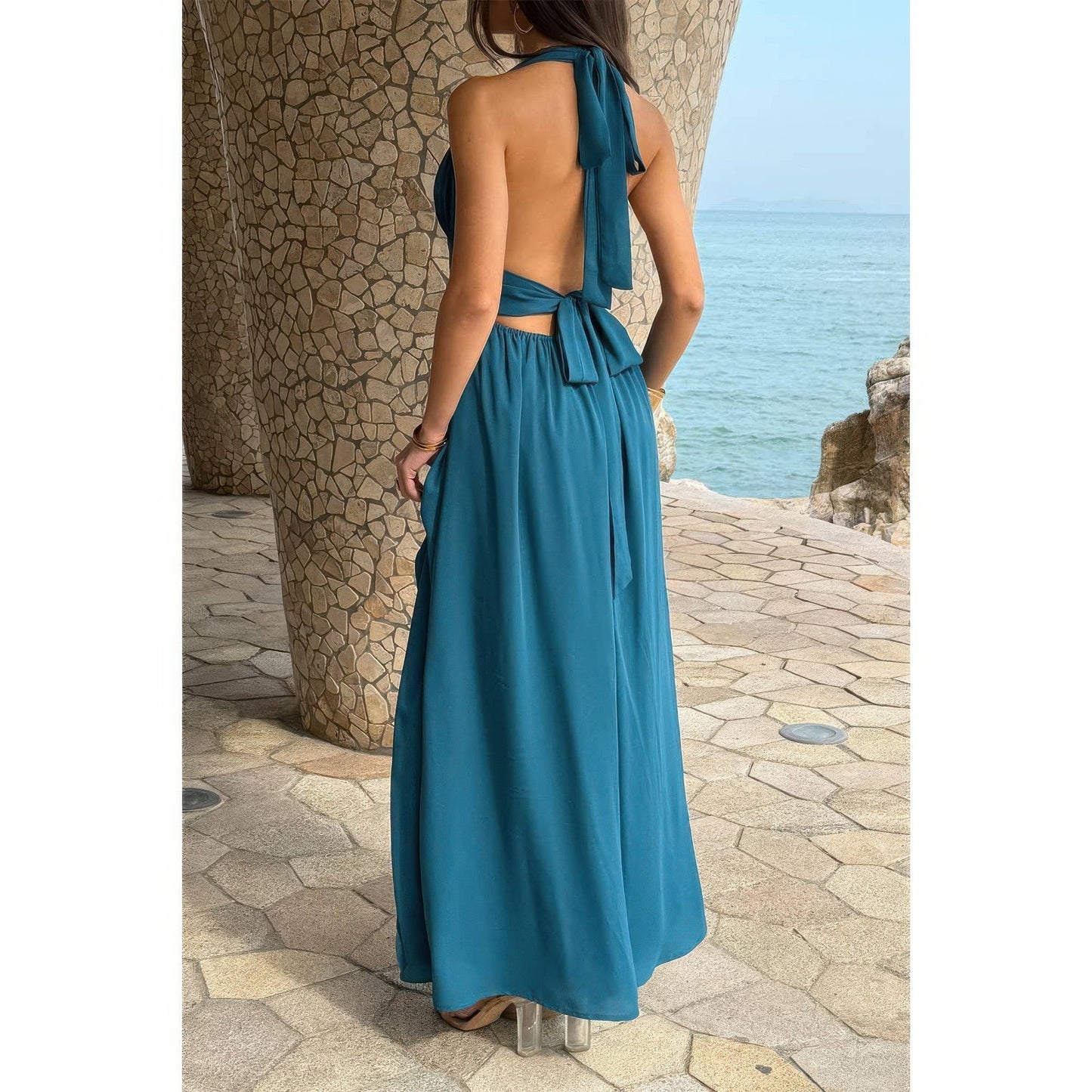 Halter V Neck Solid High Slit Bow Tie Maxi Dress