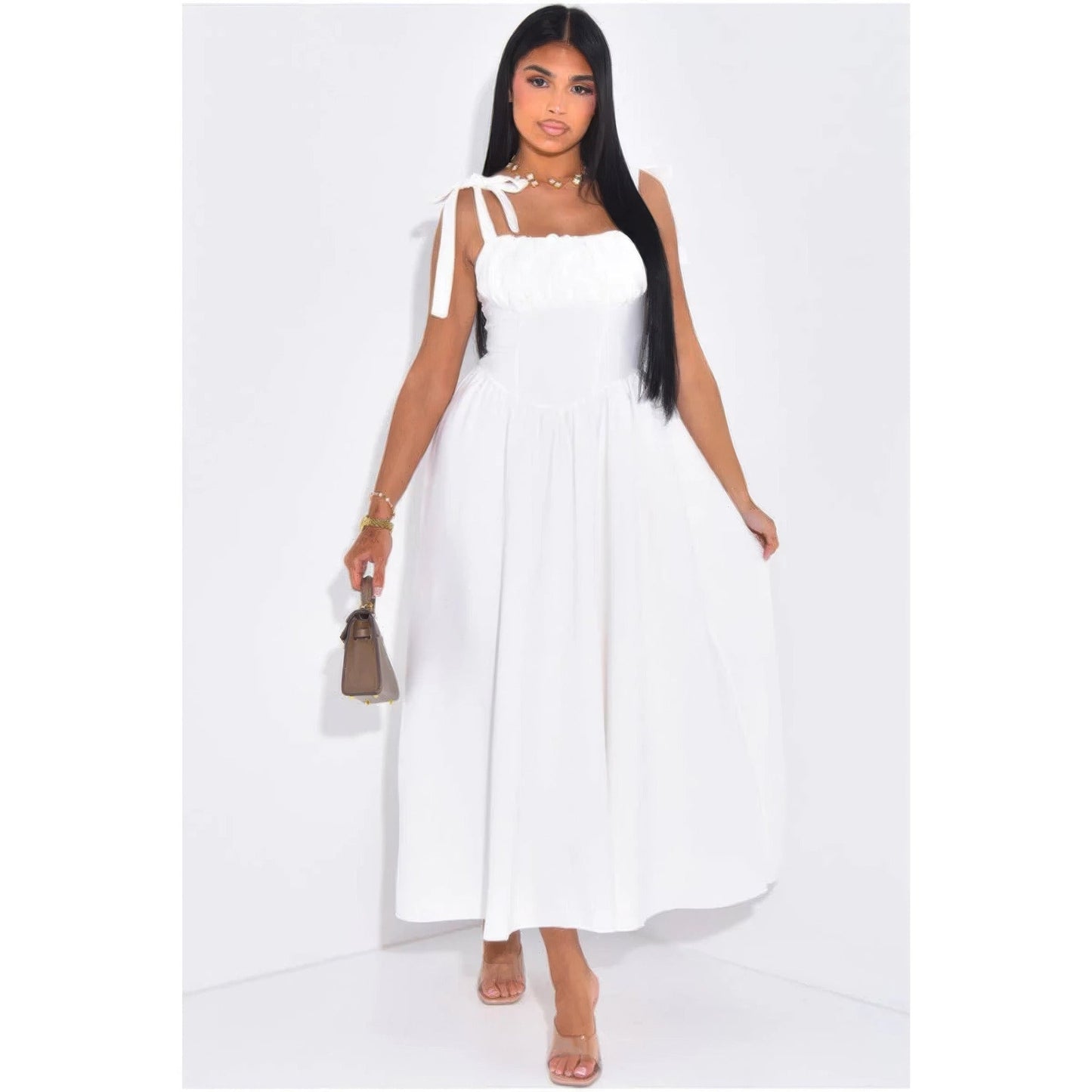 Solid Tie Straps Waist Corset Ruched Full Dress