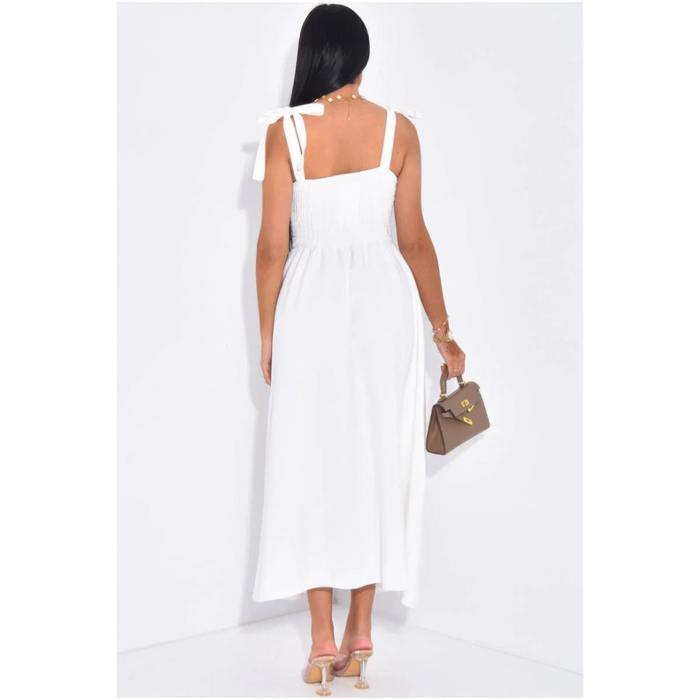 Solid Tie Straps Waist Corset Ruched Full Dress