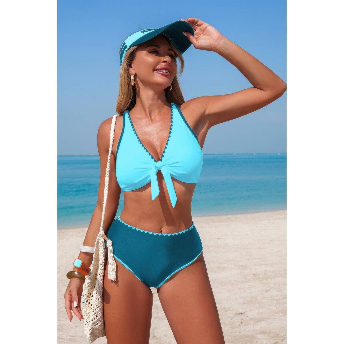 Two Piece Tie Knot Contrast High Waisted Bikini
