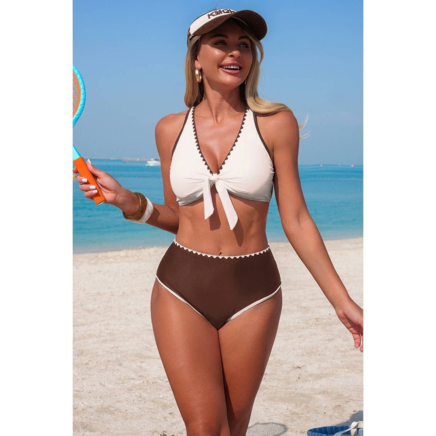 Two Piece Tie Knot Contrast High Waisted Bikini