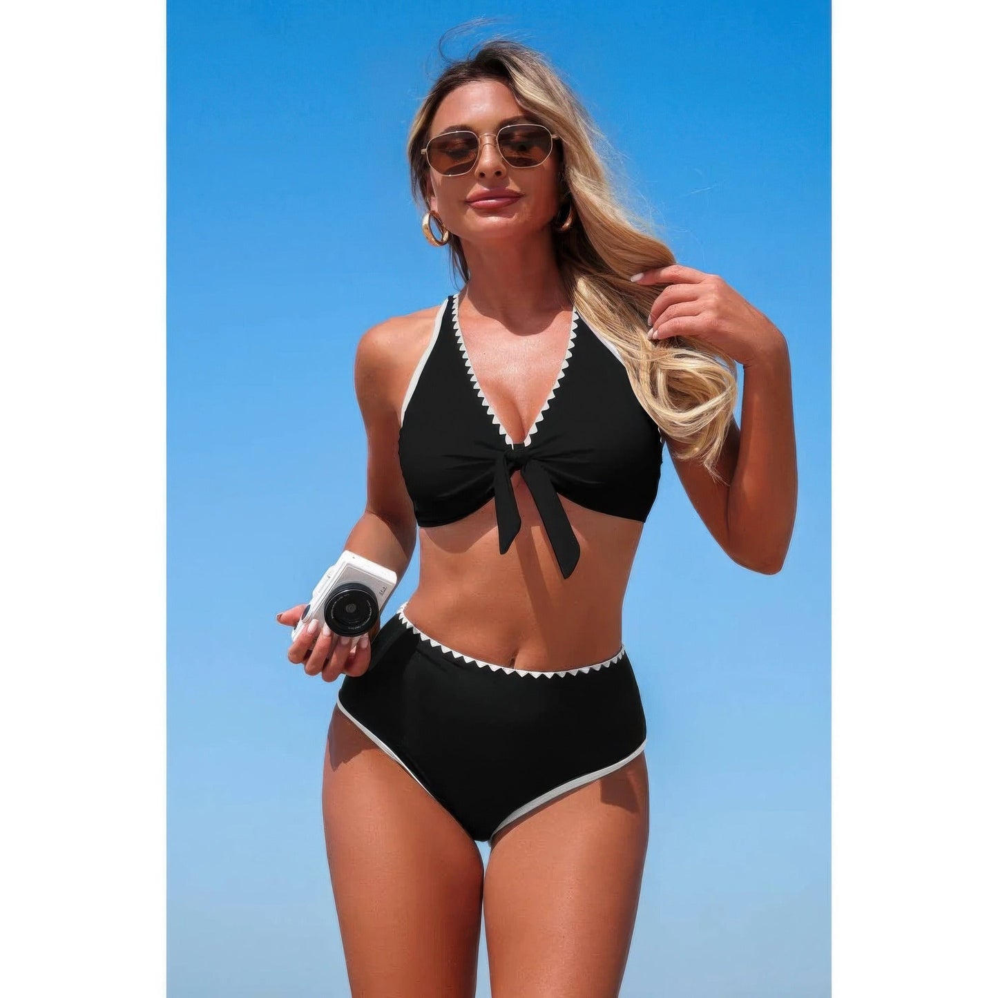 Two Piece Tie Knot Contrast High Waisted Bikini