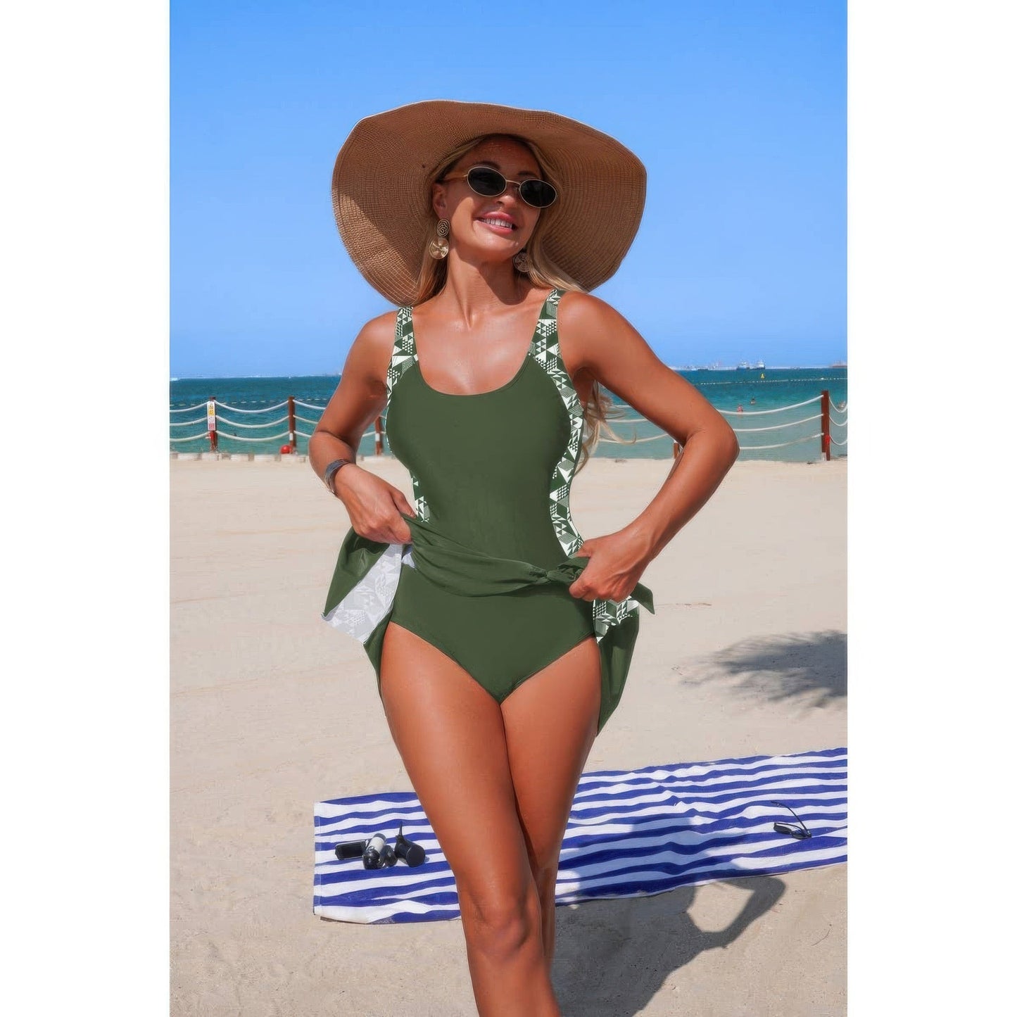 One Piece Patchwork Tie Up Stretch Swimsuit