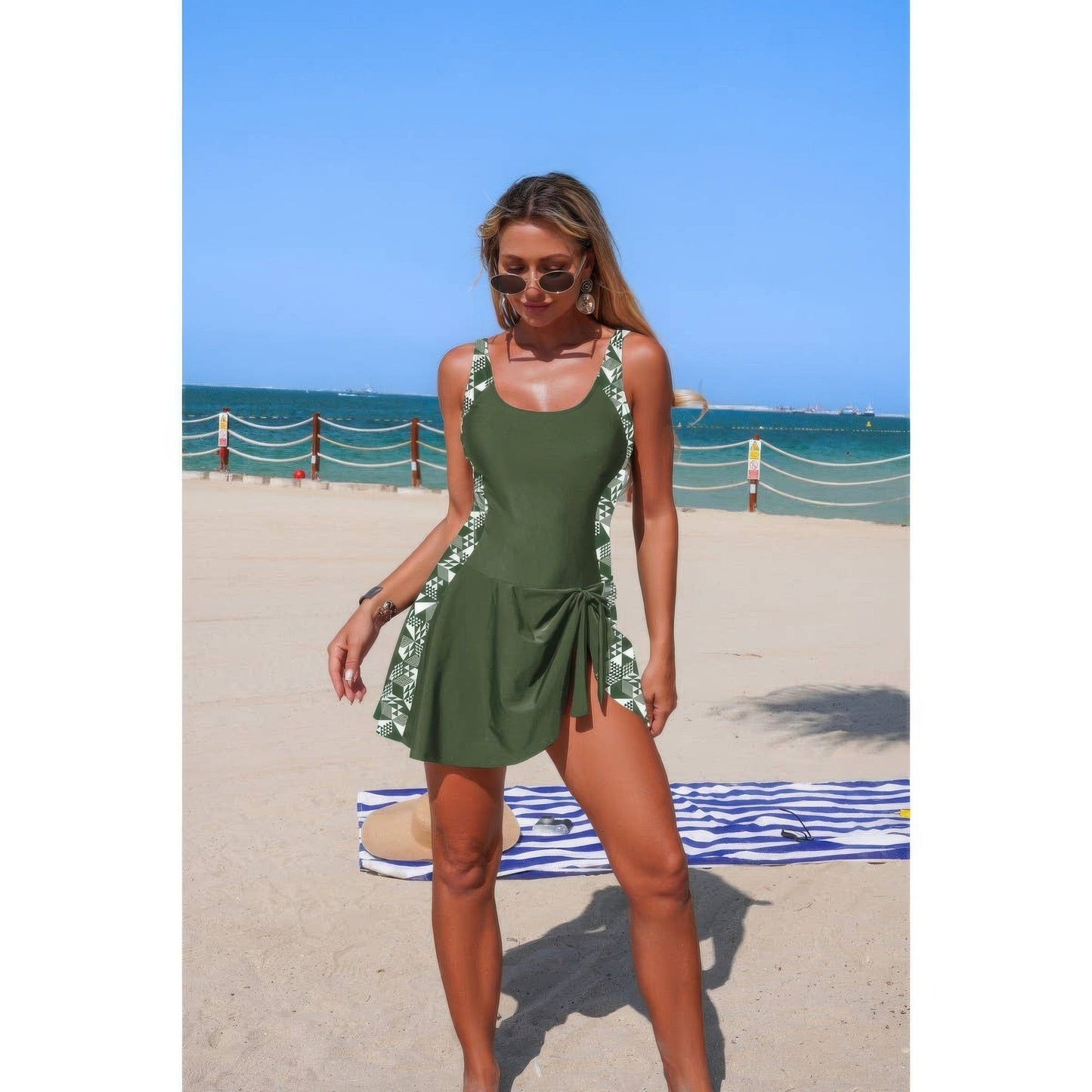 One Piece Patchwork Tie Up Stretch Swimsuit